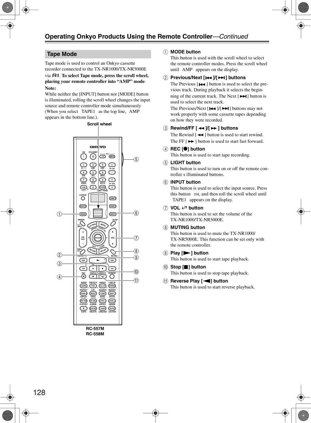 Onkyo TX-NR1000 instruction manual 128, Tape Mode, Rewind/FF Buttons, Reverse Play button 