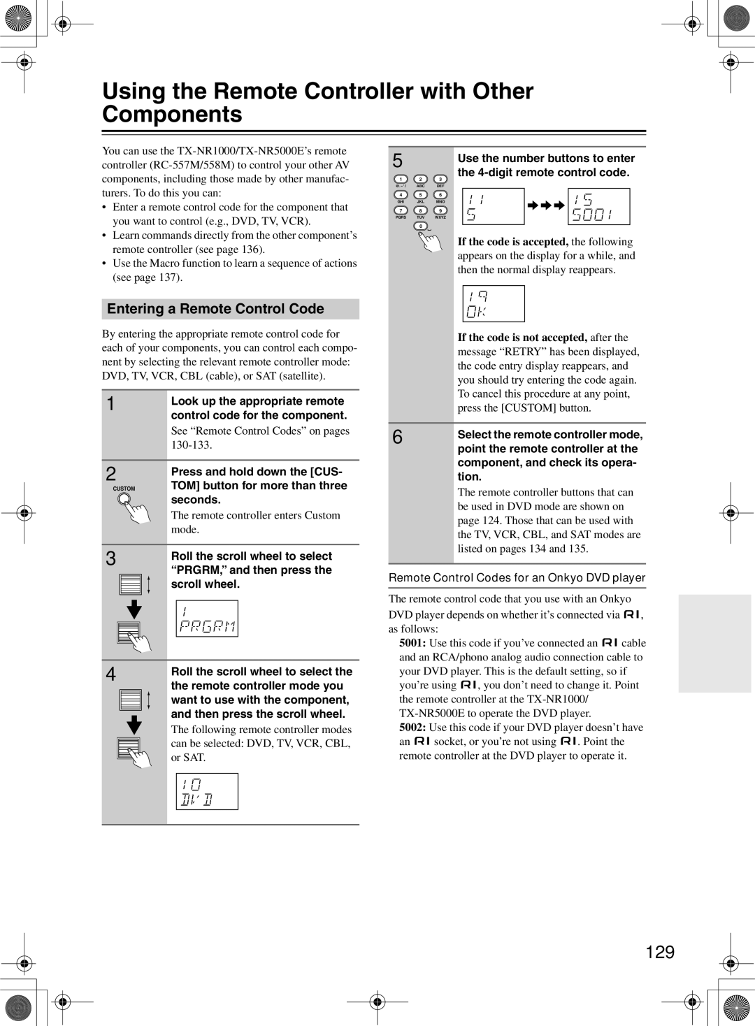 Onkyo TX-NR1000 instruction manual Using the Remote Controller with Other Components, 129, Entering a Remote Control Code 