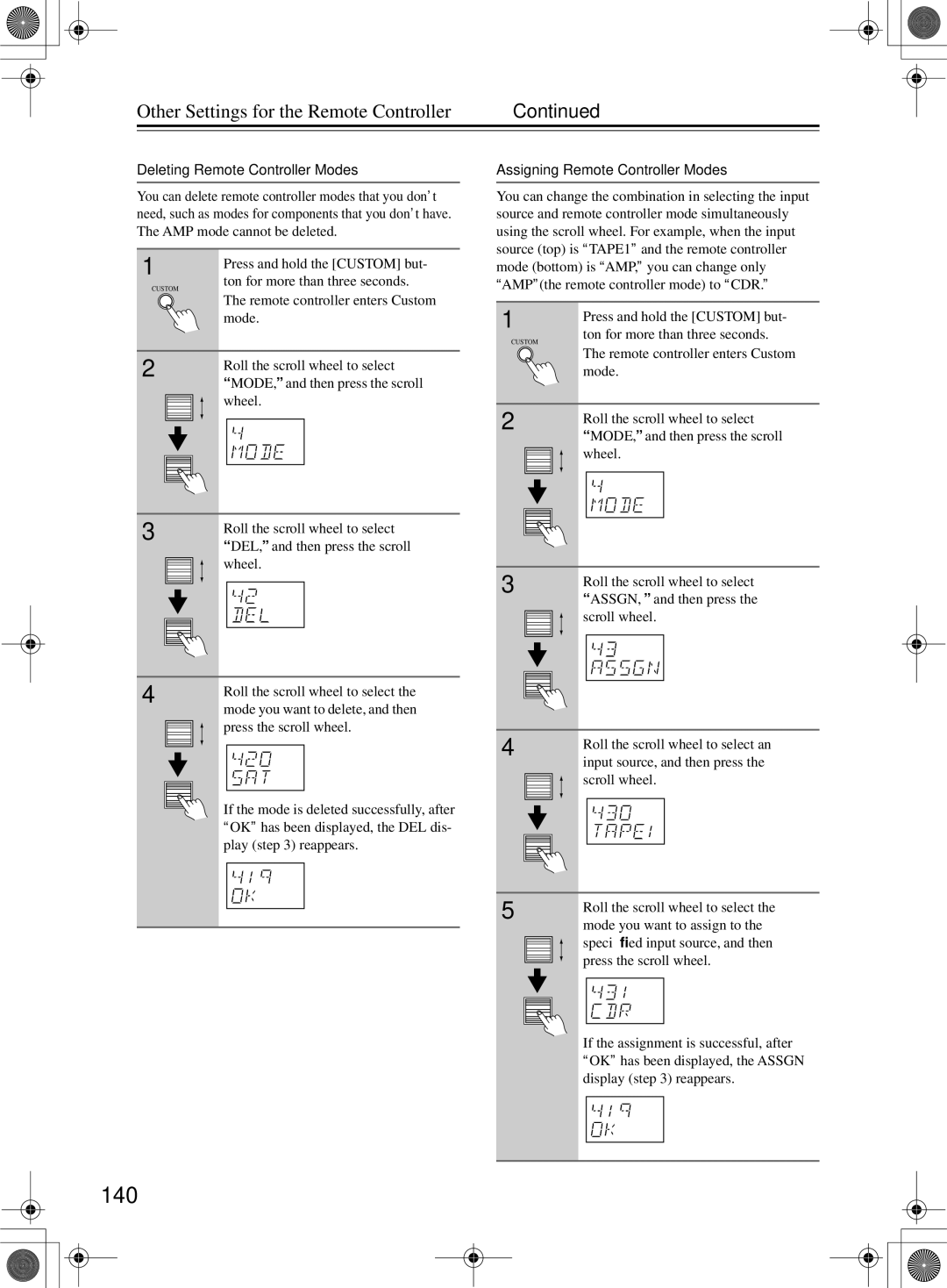 Onkyo TX-NR1000 instruction manual 140, Other Settings for the Remote Controller, Deleting Remote Controller Modes 