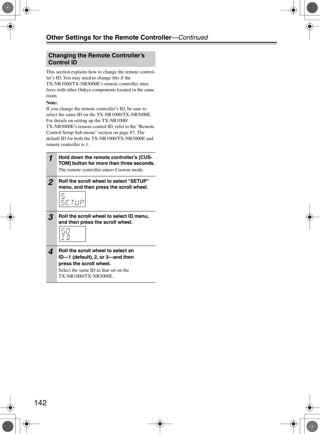 Onkyo TX-NR1000 instruction manual 142, Changing the Remote Controller’s Control ID, Remote controller enters Custom mode 