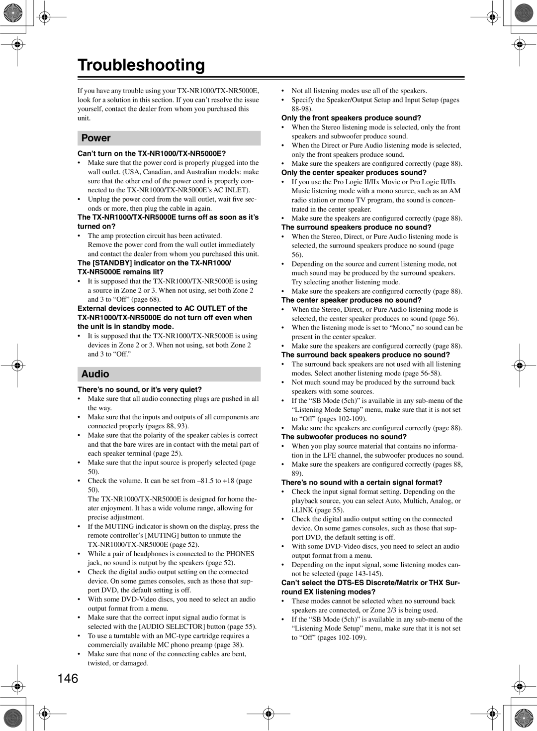 Onkyo TX-NR1000 instruction manual Troubleshooting, 146, Power, Audio 