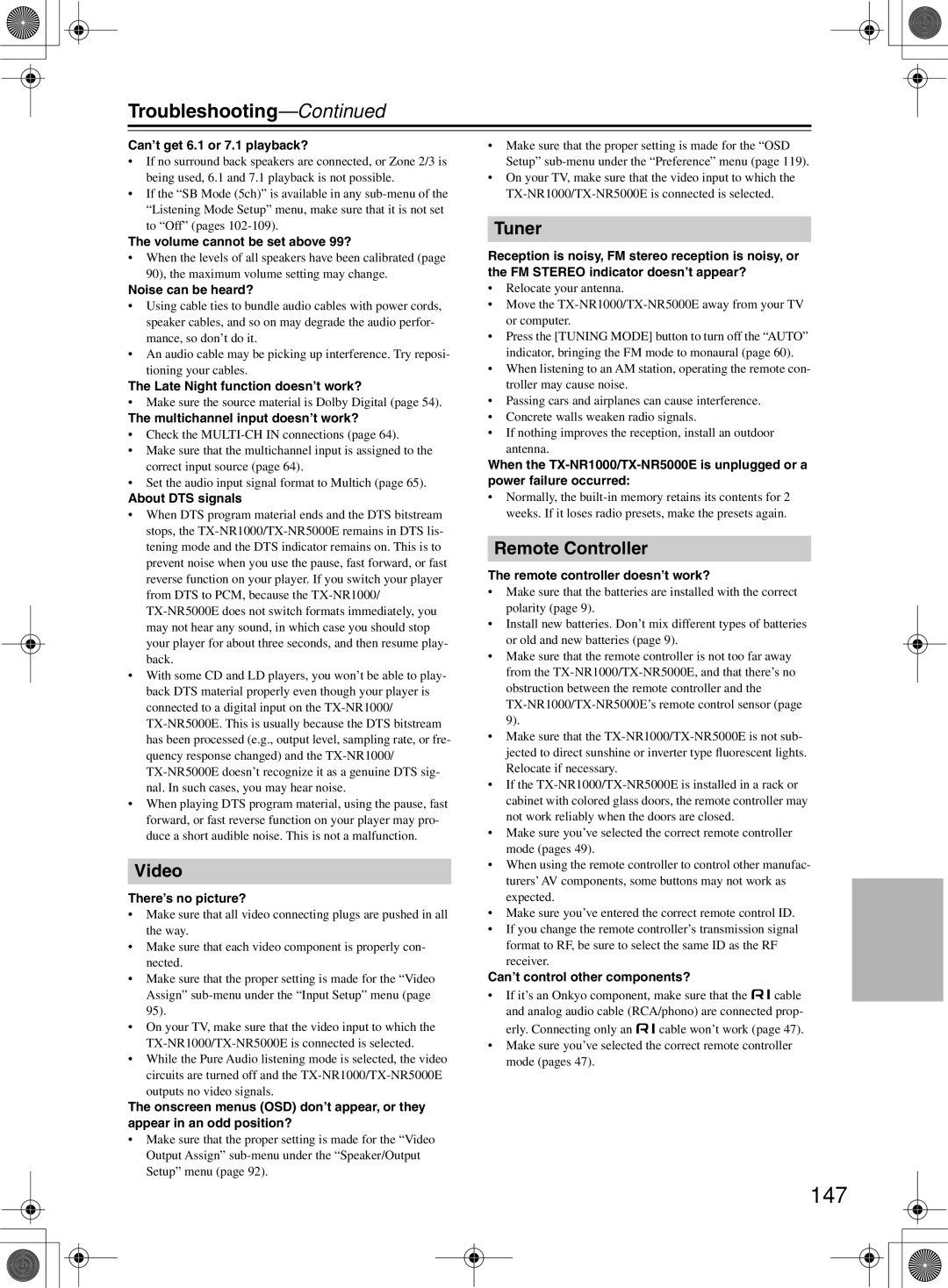 Onkyo TX-NR1000 instruction manual 147, Troubleshooting, Video, Tuner 