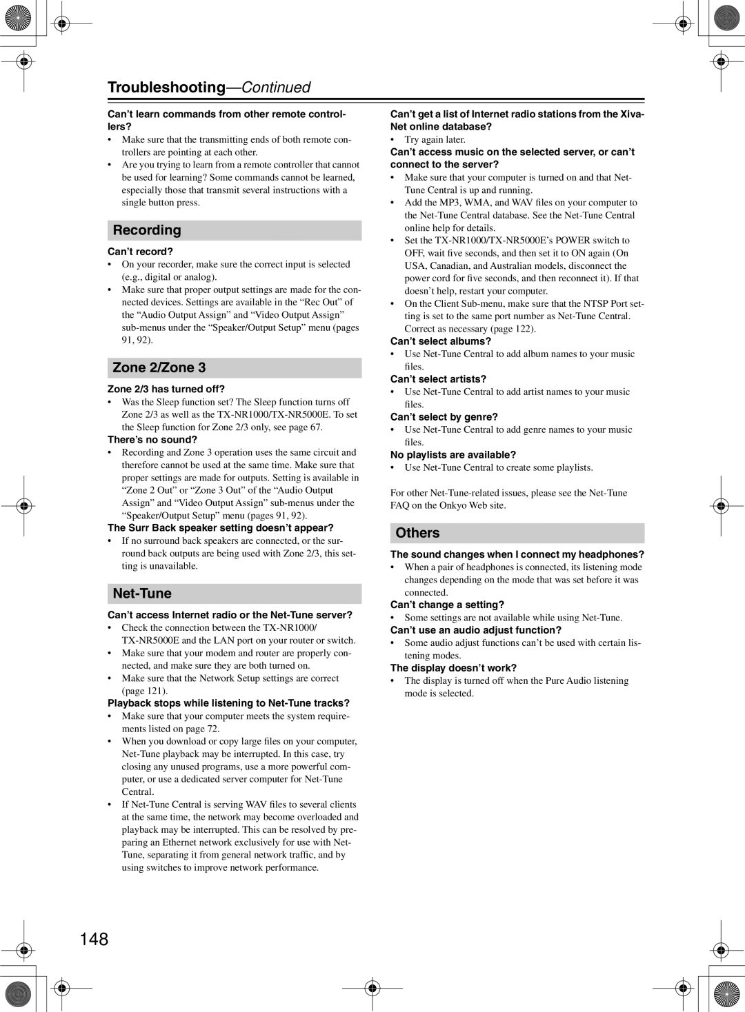 Onkyo TX-NR1000 instruction manual 148, Recording, Zone 2/Zone, Net-Tune, Others 