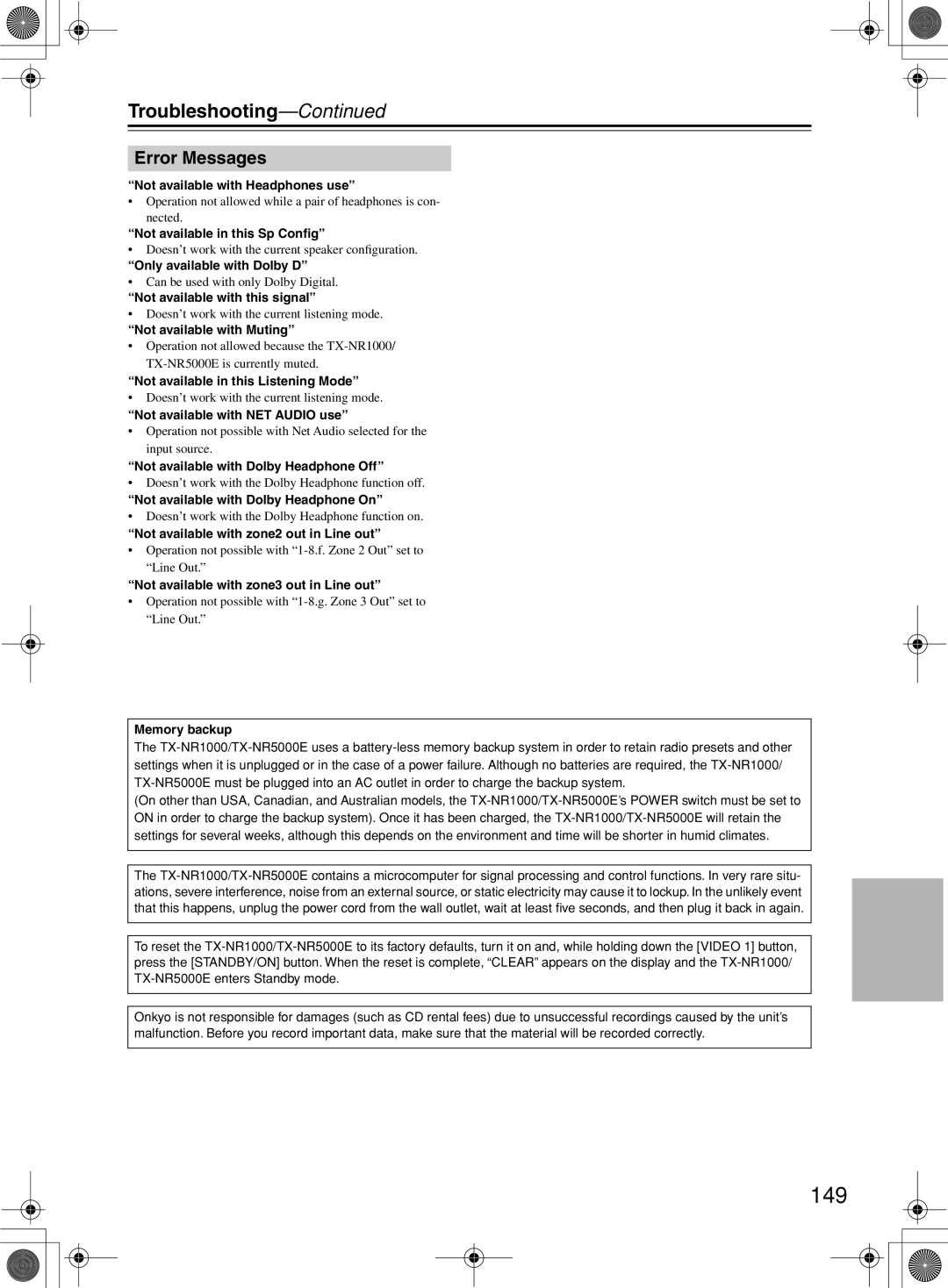 Onkyo TX-NR1000 instruction manual 149, Error Messages 