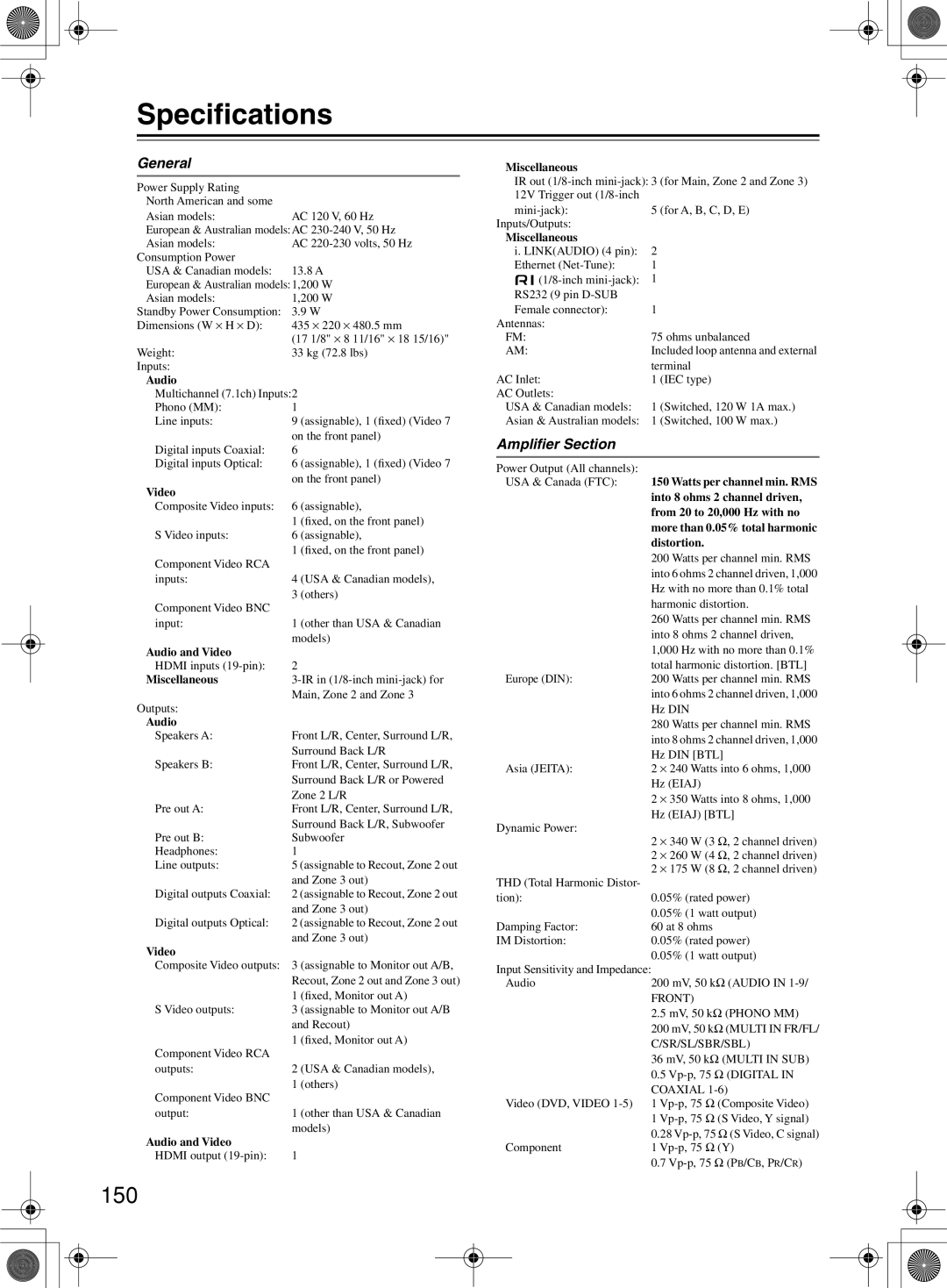 Onkyo TX-NR1000 instruction manual Speciﬁcations, 150, General, Ampliﬁer Section 