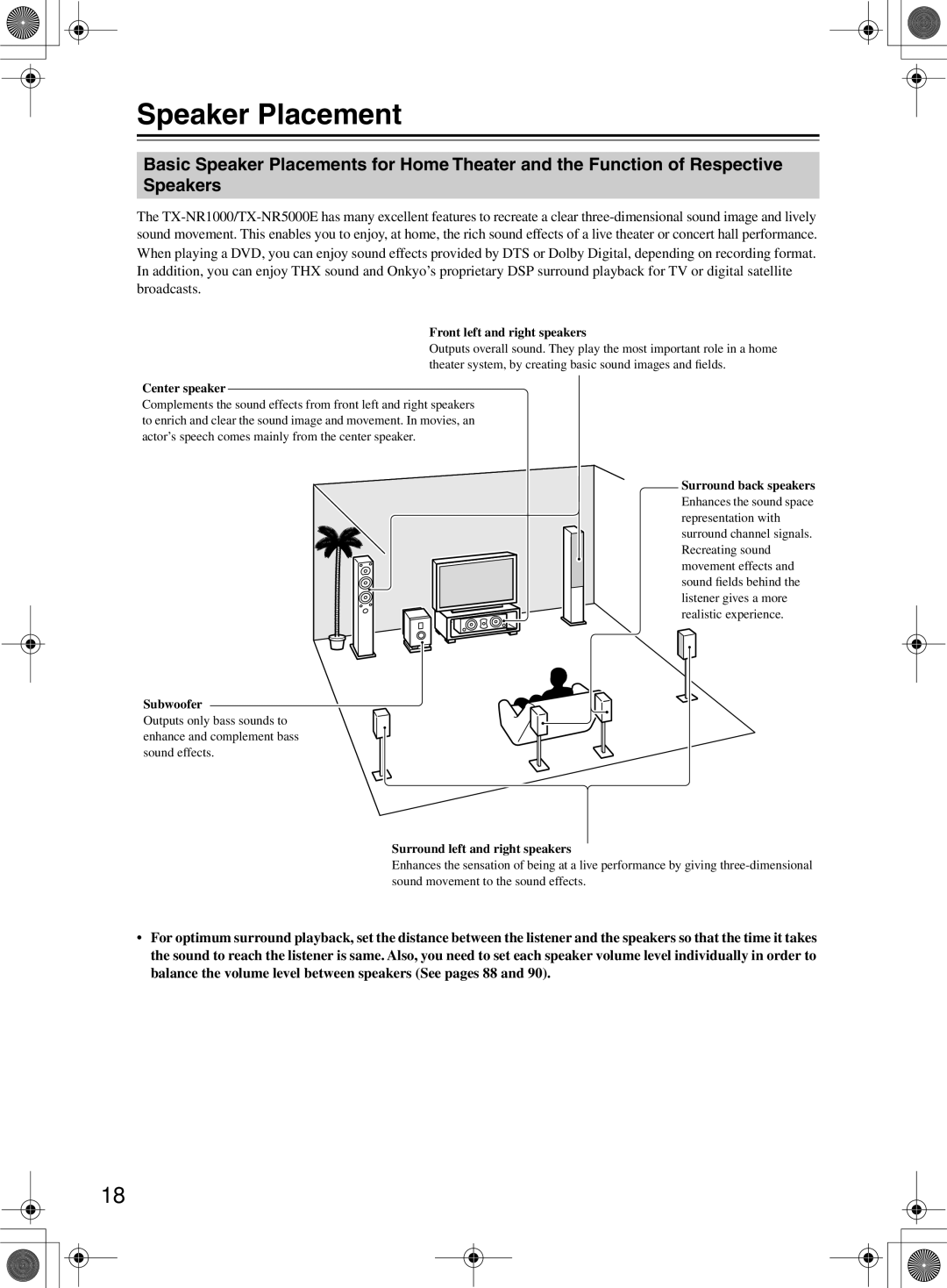 Onkyo TX-NR1000 instruction manual Speaker Placement, Front left and right speakers 