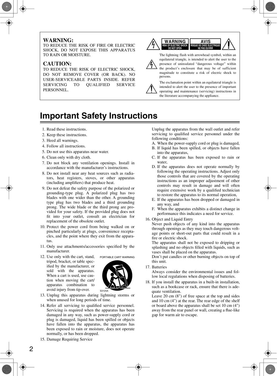 Onkyo TX-NR1000 instruction manual Important Safety Instructions 