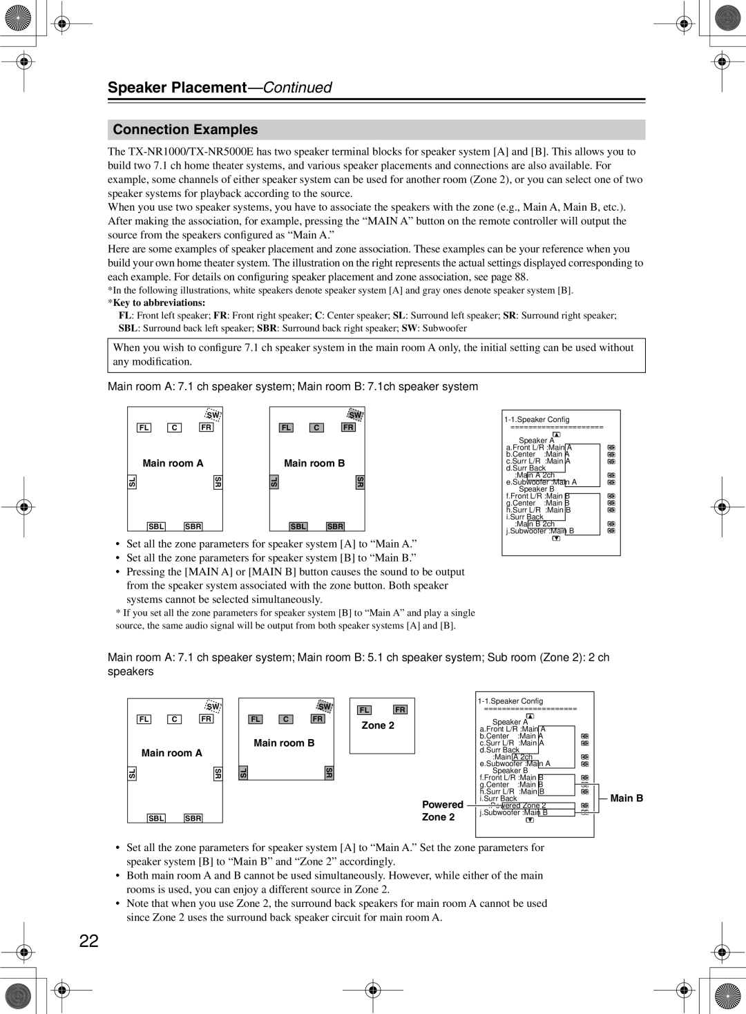 Onkyo TX-NR1000 Connection Examples, Systems cannot be selected simultaneously, Main room a, Main room B Zone 