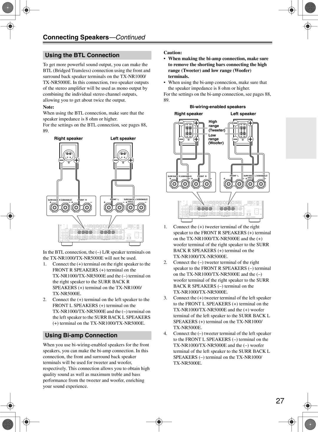 Onkyo Using the BTL Connection, Using Bi-amp Connection, + terminal on the TX-NR1000/TX-NR5000E, Right speaker 