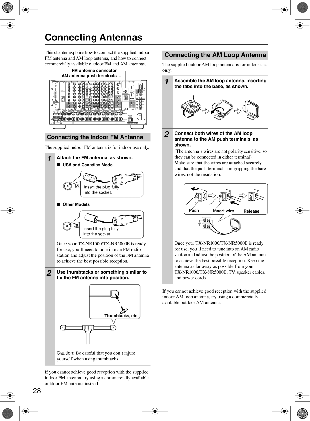 Onkyo TX-NR1000 instruction manual Connecting Antennas, Connecting the AM Loop Antenna, Connecting the Indoor FM Antenna 