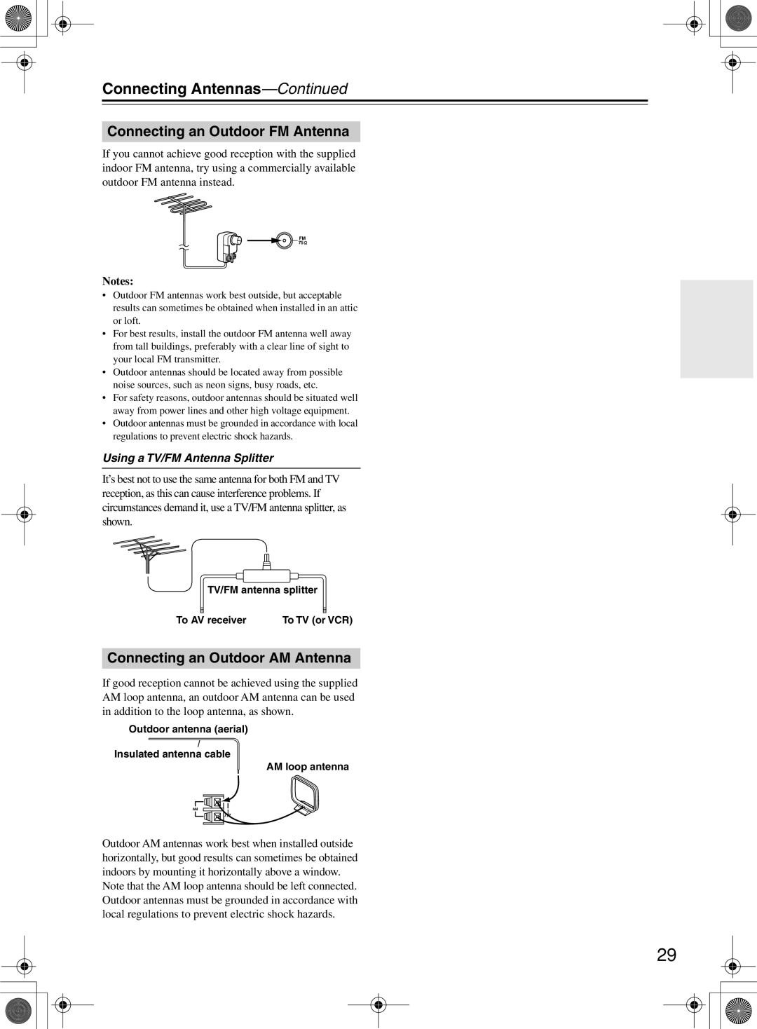 Onkyo TX-NR1000 instruction manual Connecting Antennas, Connecting an Outdoor FM Antenna, Connecting an Outdoor AM Antenna 