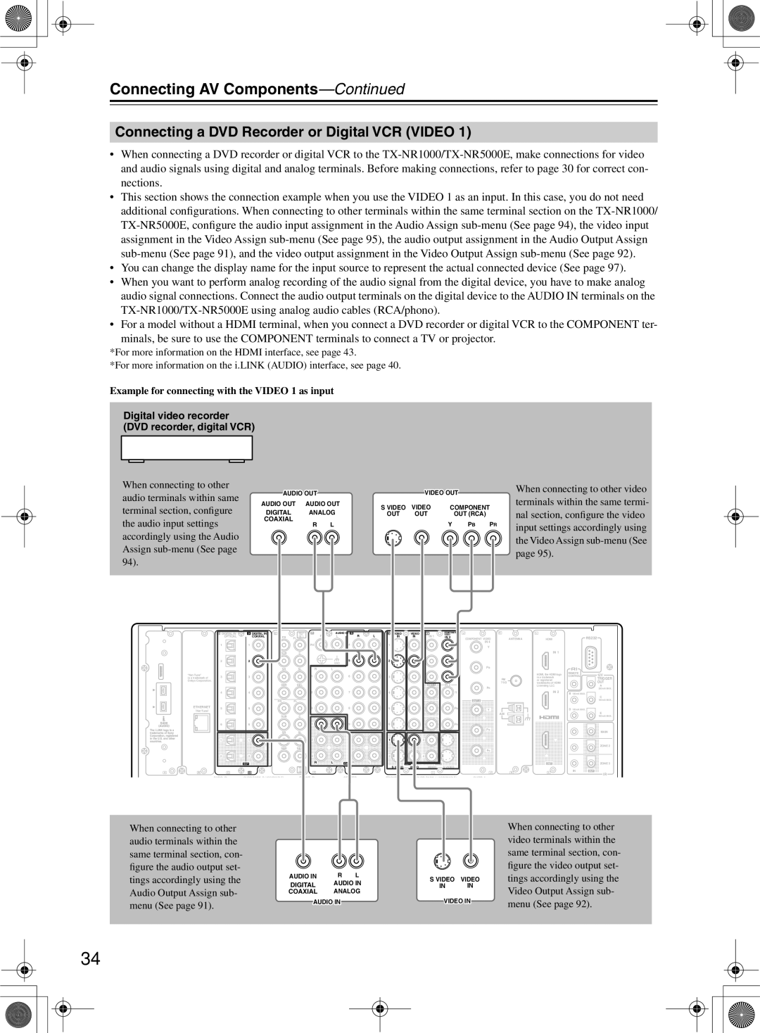 Onkyo TX-NR1000 Connecting a DVD Recorder or Digital VCR Video, Example for connecting with the Video 1 as input 