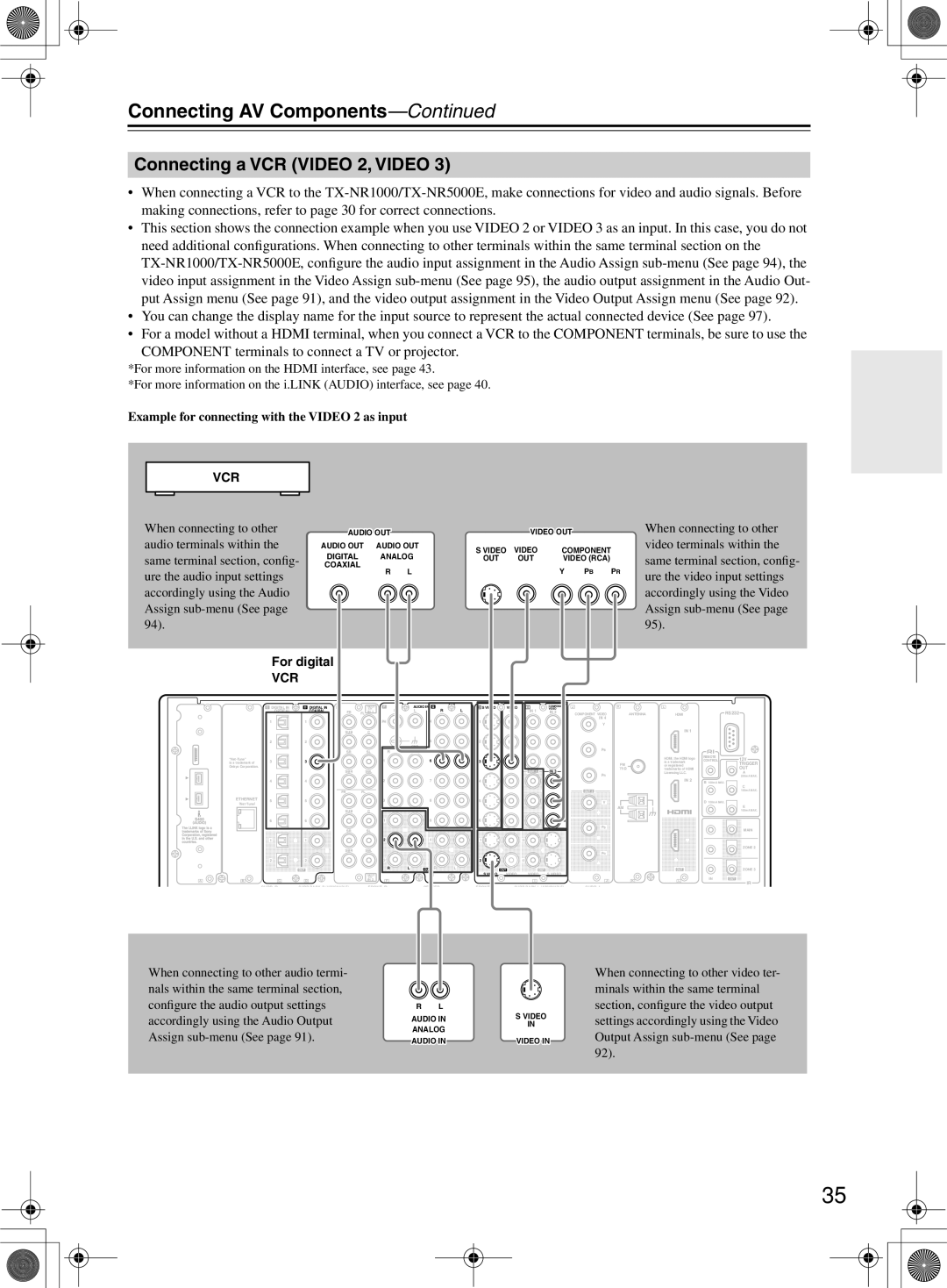 Onkyo TX-NR1000 instruction manual Connecting a VCR Video 2, Video, Vcr, For digital 