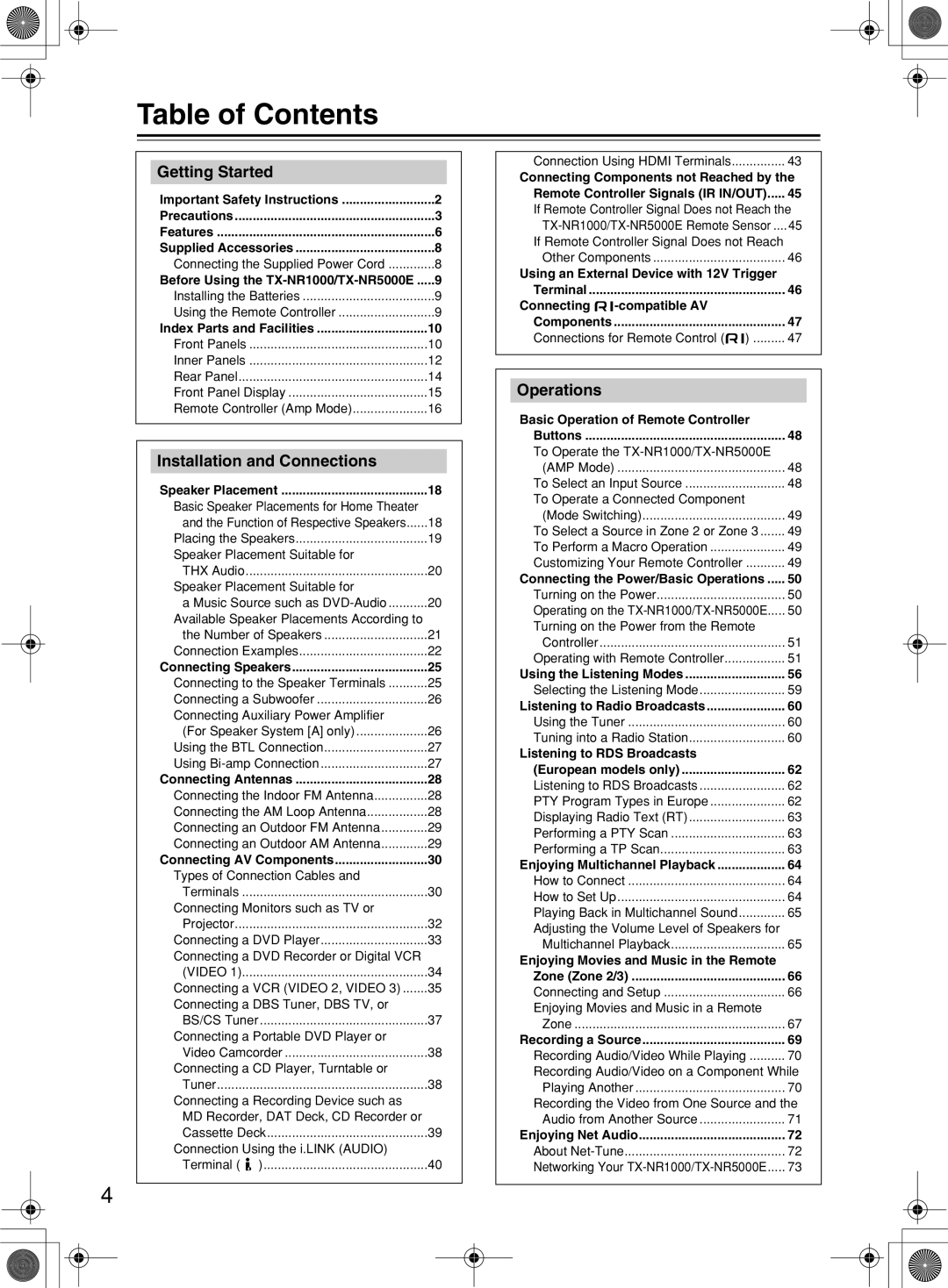 Onkyo TX-NR1000 instruction manual Table of Contents 