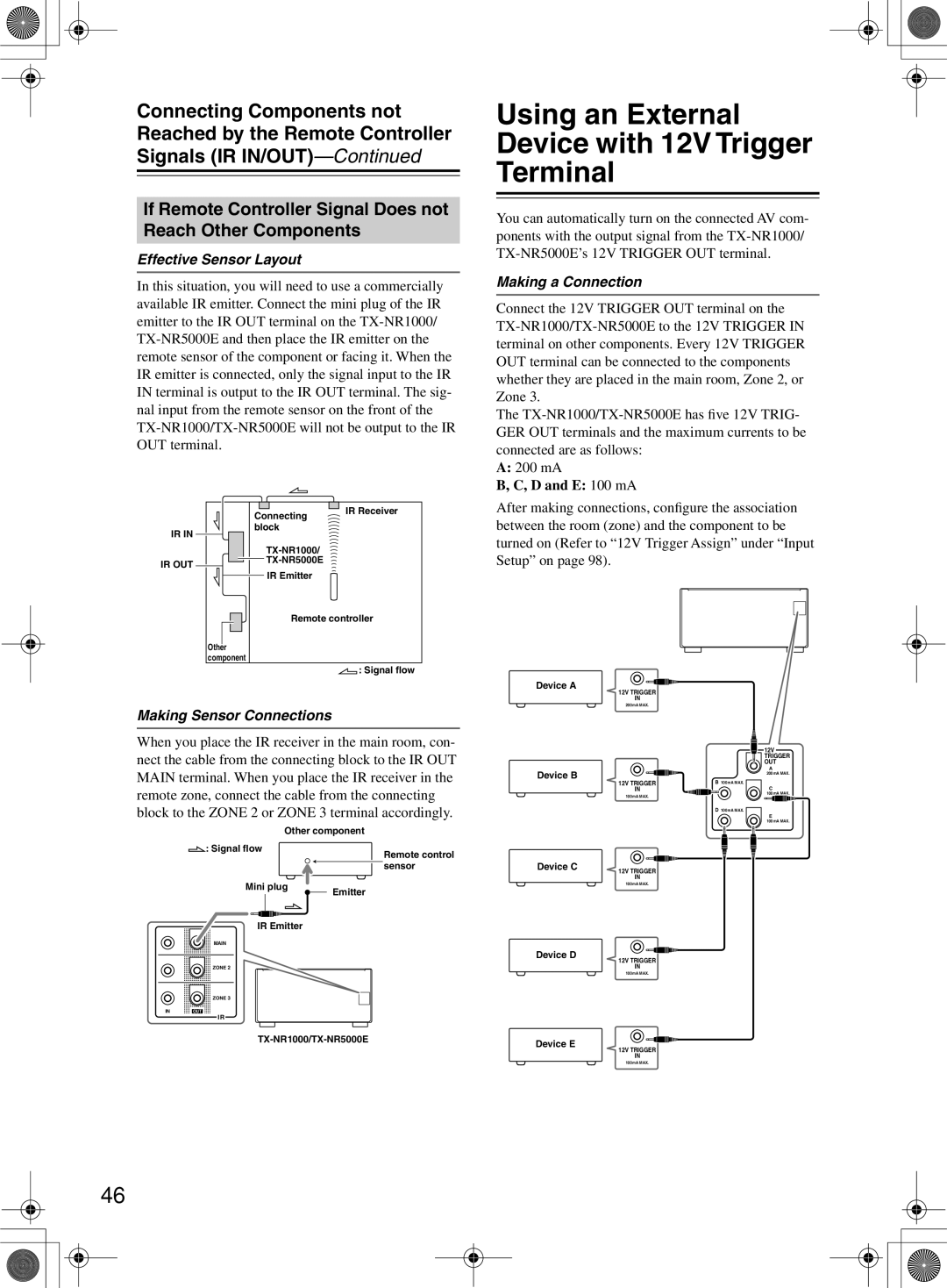 Onkyo TX-NR1000 instruction manual Using an External Device with 12V Trigger Terminal, Making a Connection, D and E 100 mA 