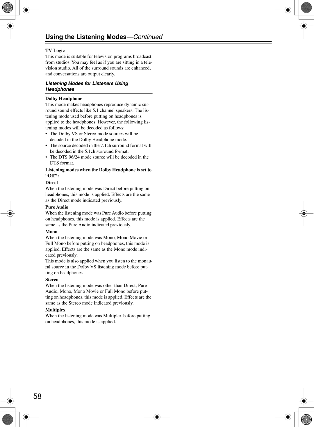 Onkyo TX-NR1000 instruction manual TV Logic, Listening Modes for Listeners Using Headphones, Dolby Headphone 