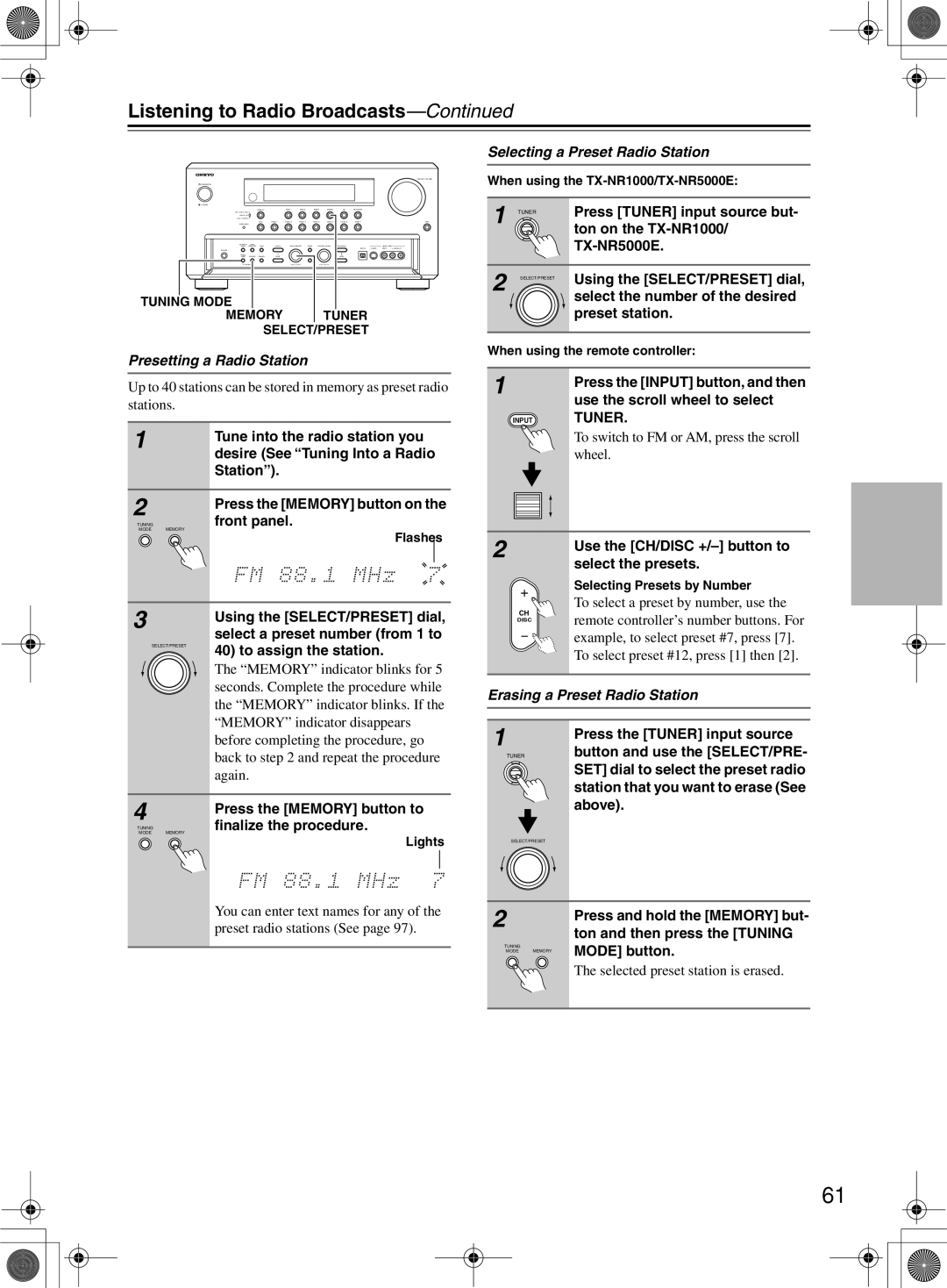 Onkyo TX-NR1000 Listening to Radio Broadcasts, Presetting a Radio Station, Erasing a Preset Radio Station 