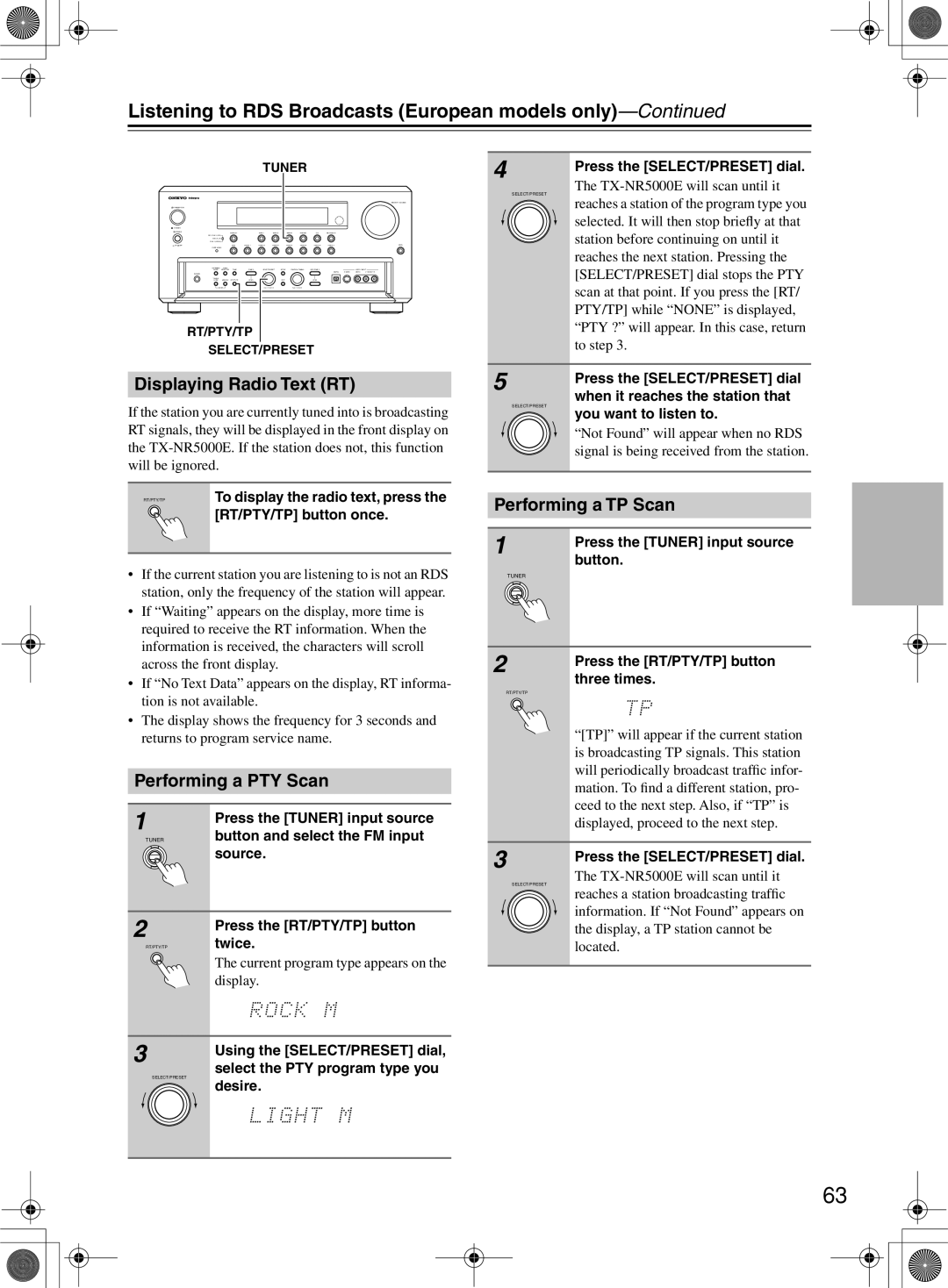 Onkyo TX-NR1000 Listening to RDS Broadcasts European models only, Displaying Radio Text RT, Performing a PTY Scan 