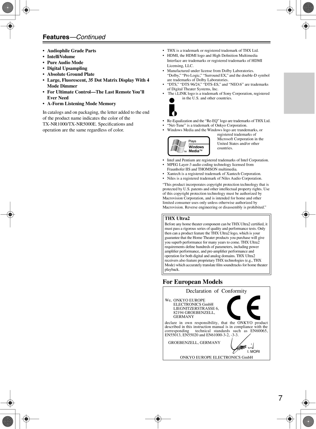 Onkyo TX-NR1000 instruction manual Features, THX Ultra2 