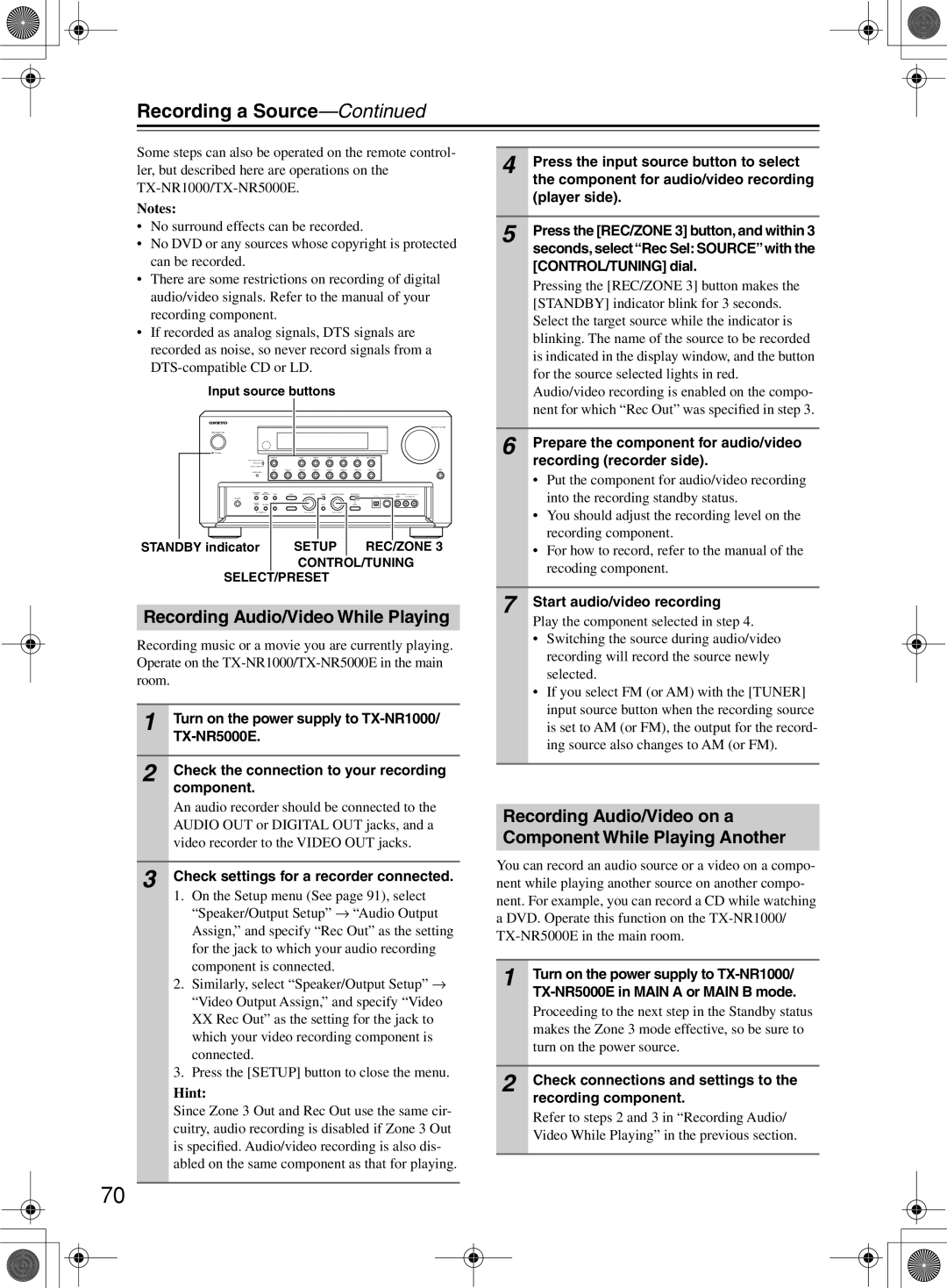 Onkyo TX-NR1000 instruction manual Recording a Source, Recording Audio/Video While Playing 