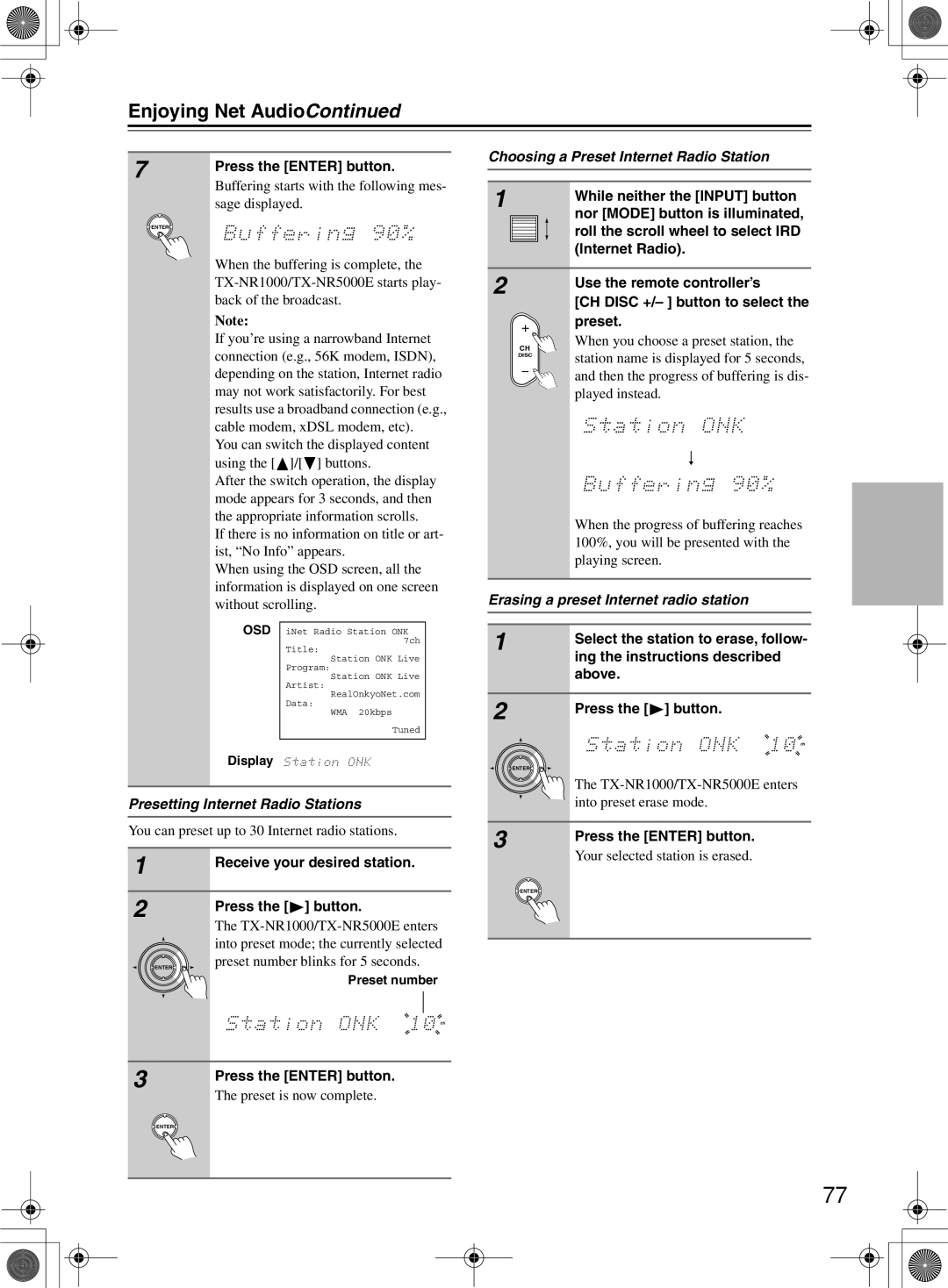 Onkyo TX-NR1000 instruction manual Choosing a Preset Internet Radio Station, Presetting Internet Radio Stations 