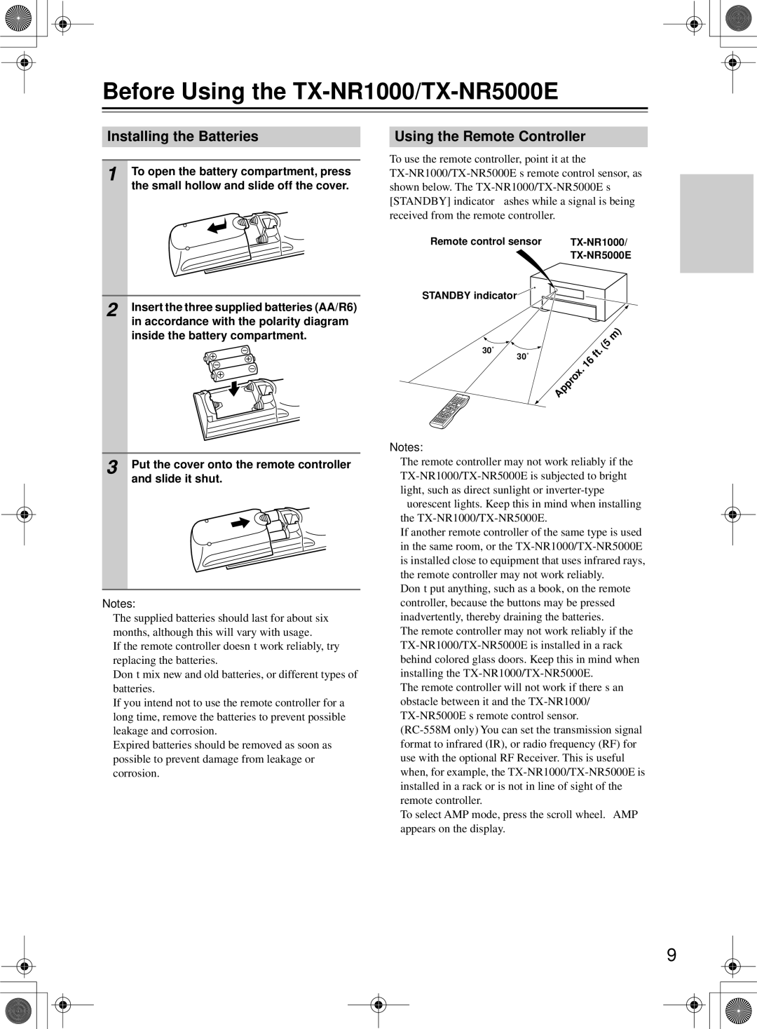 Onkyo instruction manual Before Using the TX-NR1000/TX-NR5000E, Installing the Batteries, Using the Remote Controller 