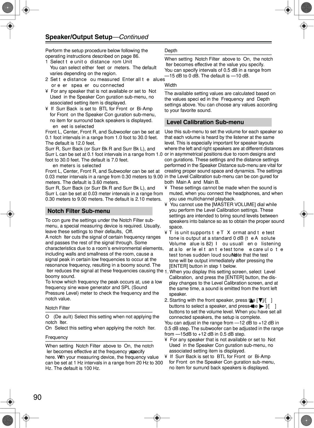 Onkyo TX-NR1000 instruction manual Notch Filter Sub-menu, Level Calibration Sub-menu 