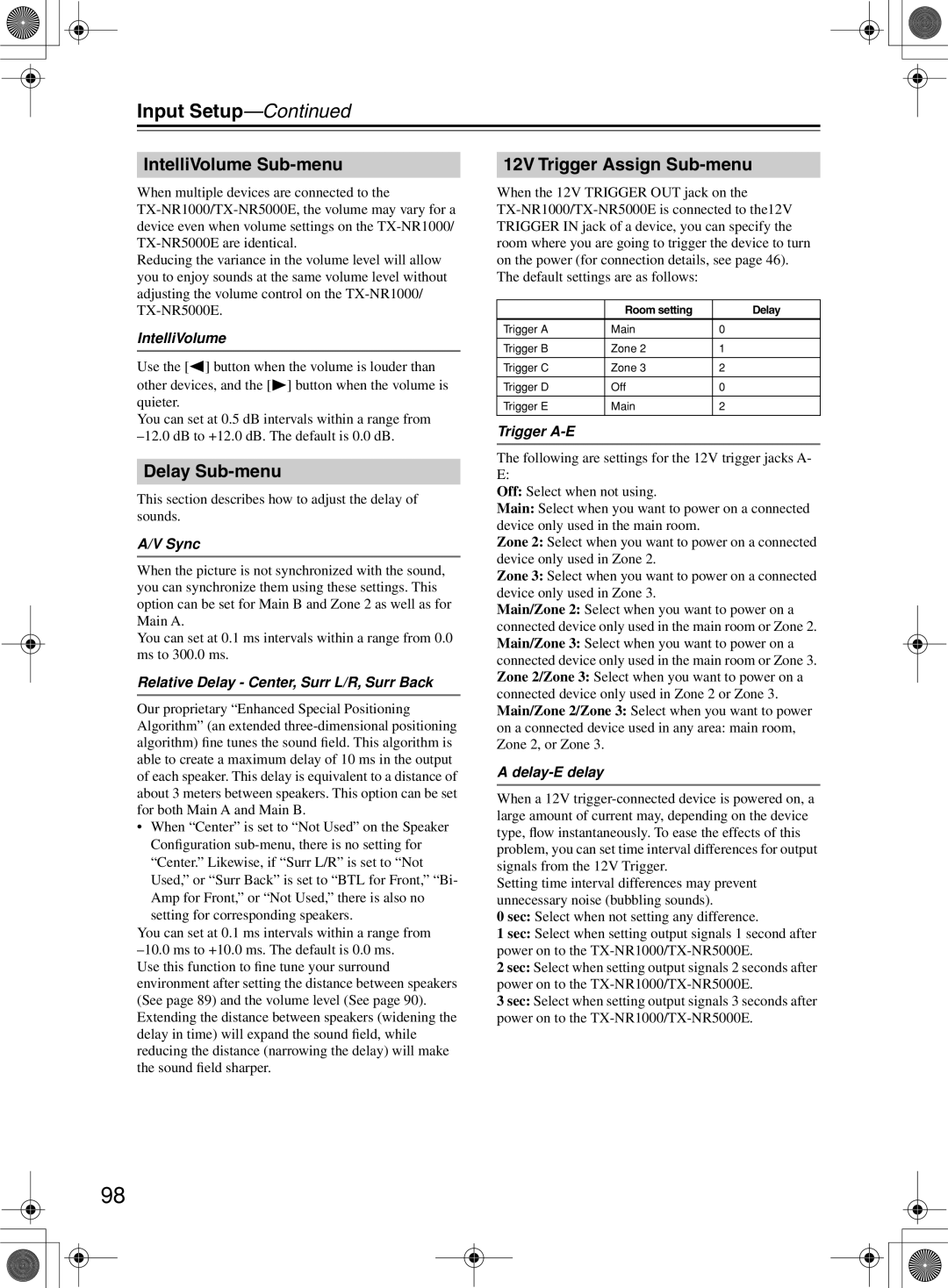 Onkyo TX-NR1000 instruction manual IntelliVolume Sub-menu, Delay Sub-menu, 12V Trigger Assign Sub-menu 