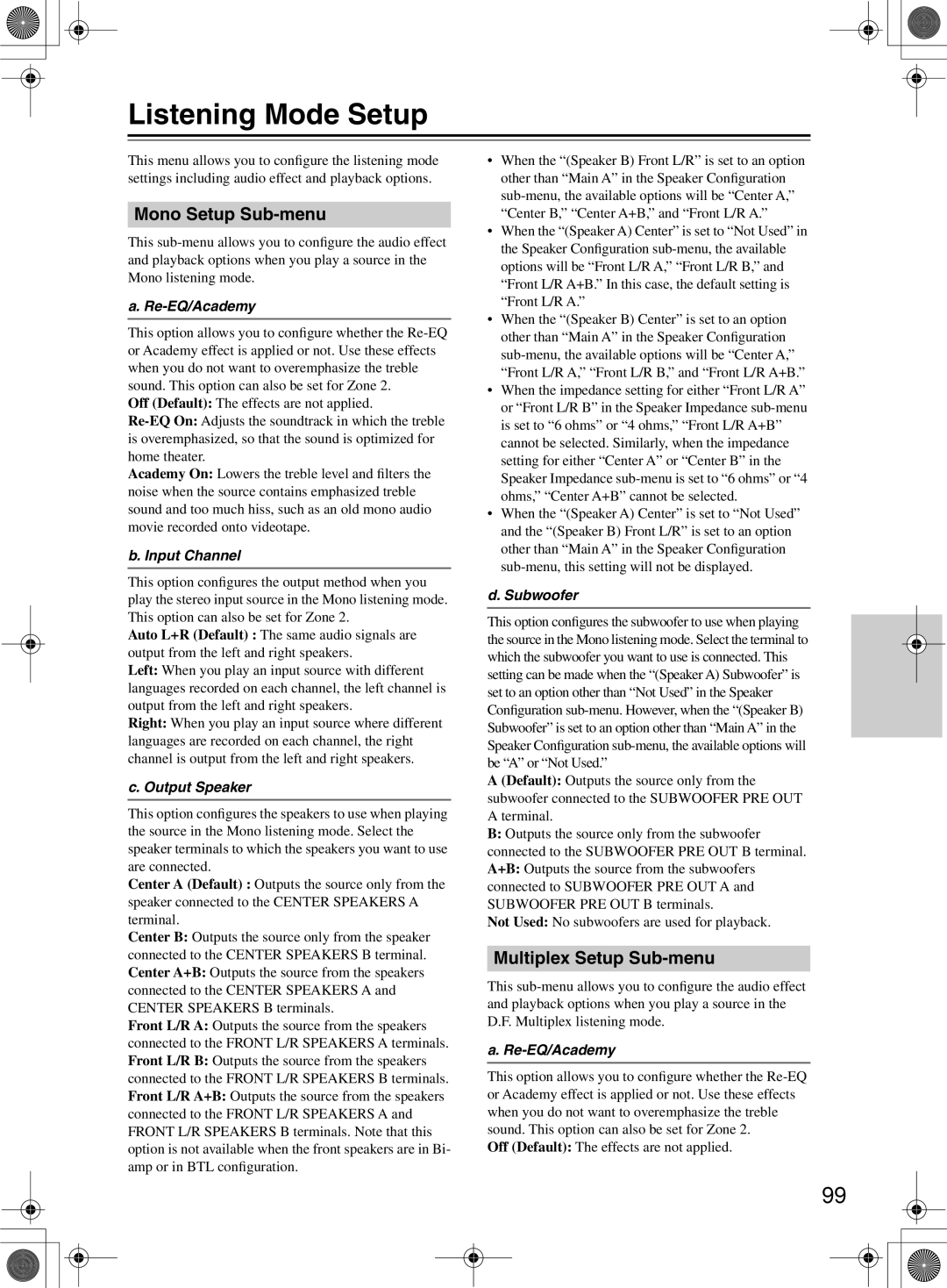 Onkyo TX-NR1000 instruction manual Listening Mode Setup, Mono Setup Sub-menu, Multiplex Setup Sub-menu 