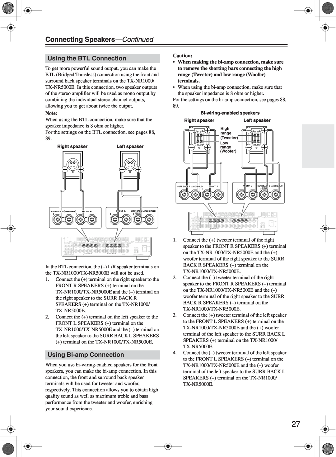 Onkyo TX-NR1000 instruction manual Using the BTL Connection, Using Bi-ampConnection, Connecting Speakers-Continued 