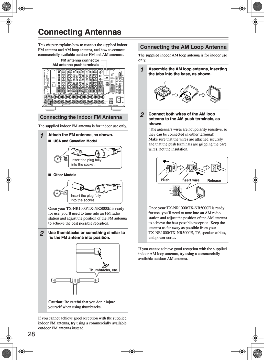 Onkyo TX-NR1000 instruction manual Connecting Antennas, Connecting the AM Loop Antenna, Connecting the Indoor FM Antenna 