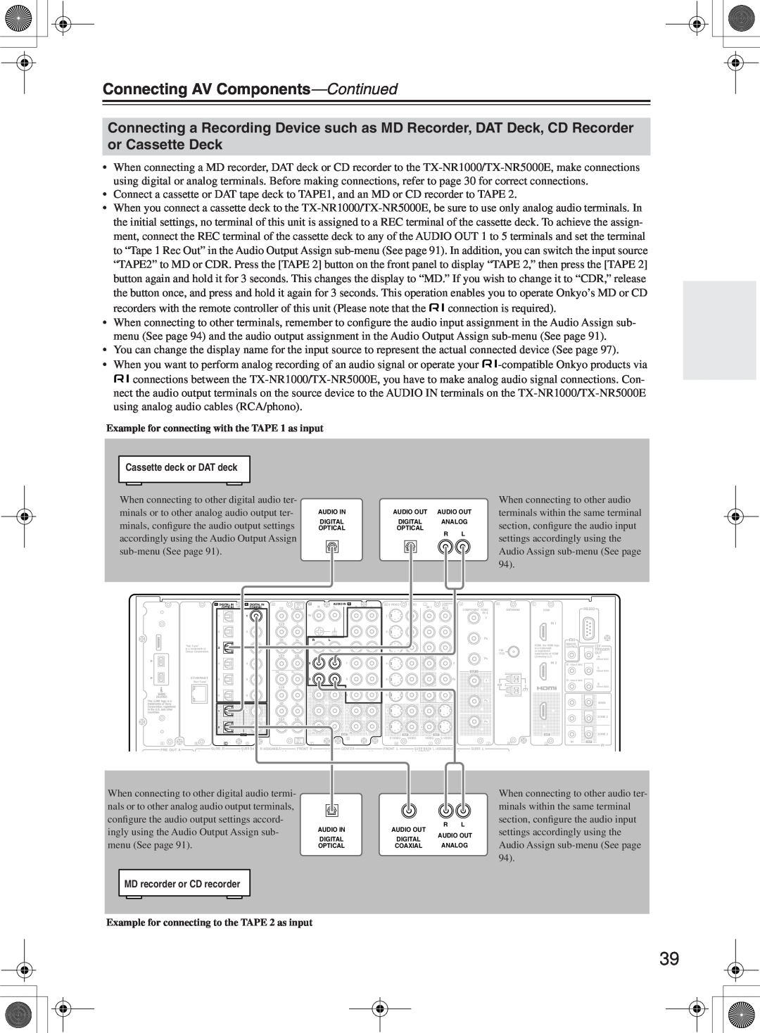 Onkyo TX-NR1000 instruction manual Connecting AV Components—Continued, Example for connecting with the TAPE 1 as input 