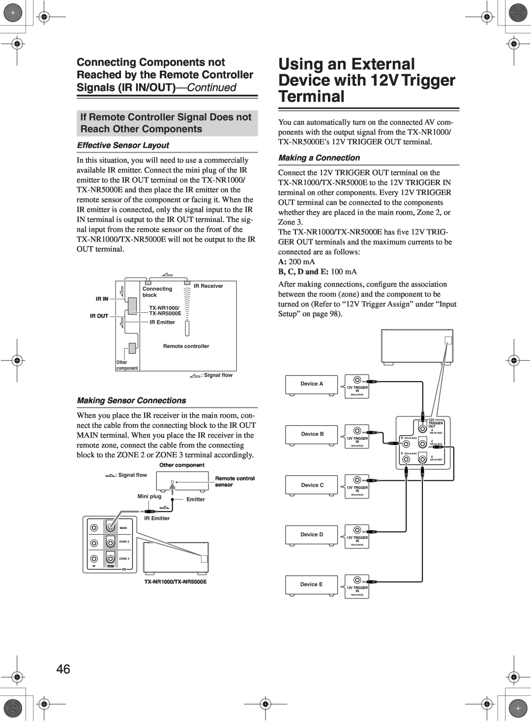 Onkyo TX-NR1000 Effective Sensor Layout, Making a Connection, B, C, D and E: 100 mA, Making Sensor Connections 