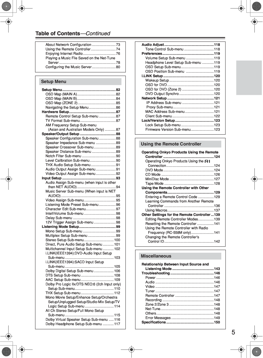 Onkyo TX-NR1000 instruction manual Table of Contents—Continued, Setup Menu, Using the Remote Controller, Miscellaneous 