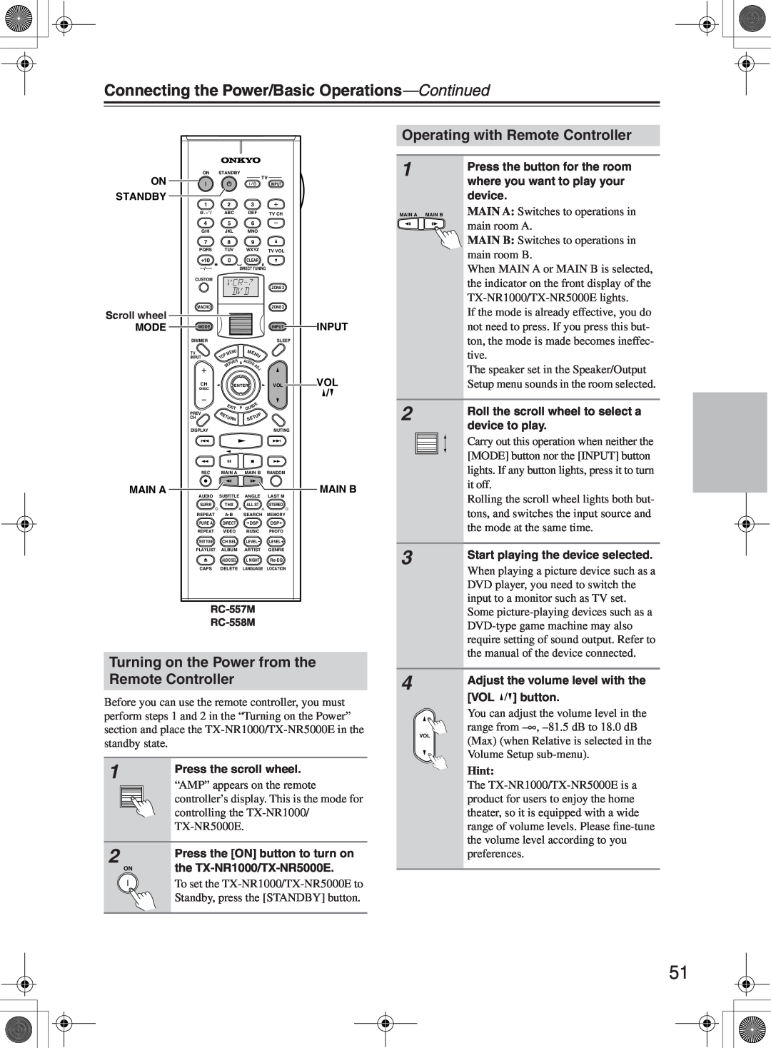 Onkyo TX-NR1000 instruction manual Connecting the Power/Basic Operations—Continued, Operating with Remote Controller, Hint 