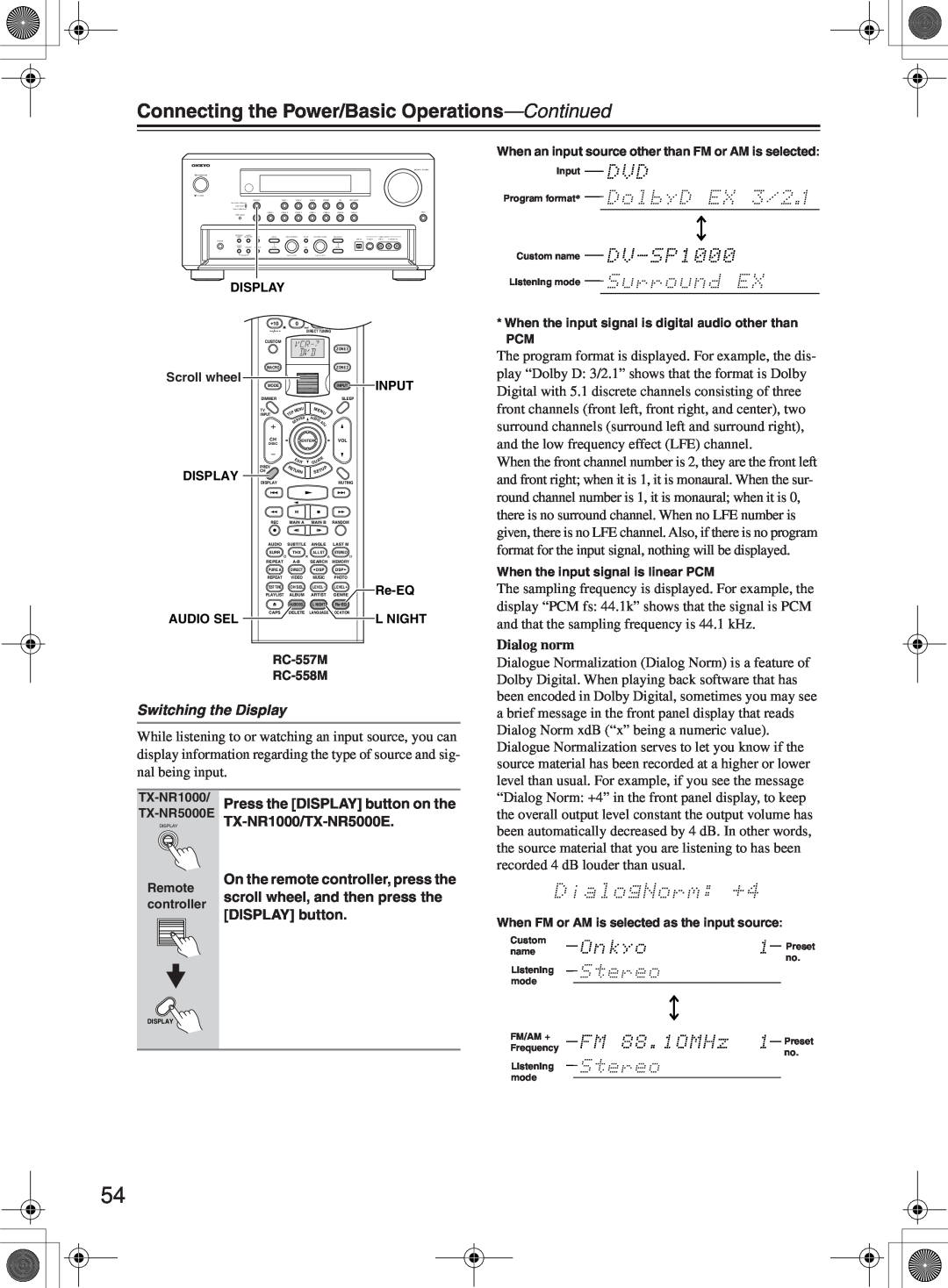 Onkyo TX-NR1000 instruction manual Connecting the Power/Basic Operations—Continued, Switching the Display, Dialog norm 