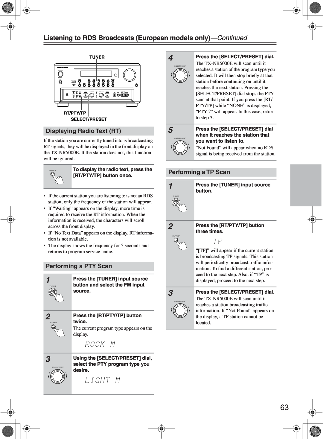 Onkyo TX-NR1000 instruction manual Displaying Radio Text RT, Performing a PTY Scan, Performing a TP Scan, display 