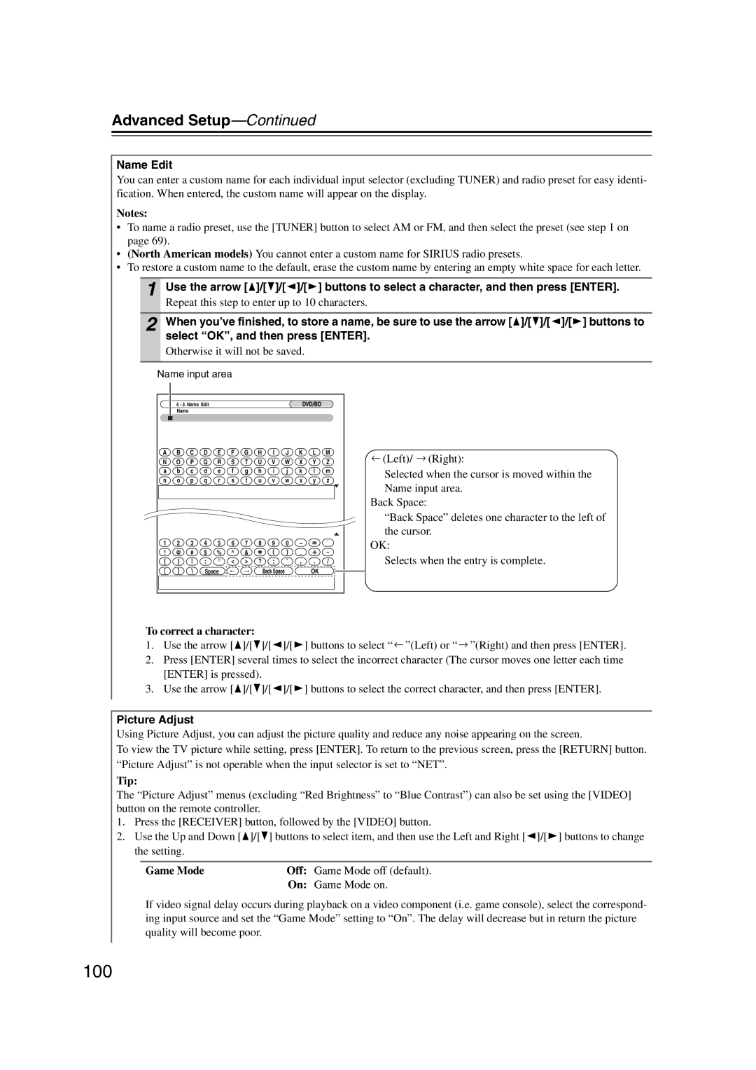 Onkyo TX-NR1007 instruction manual Name Edit, Picture Adjust 