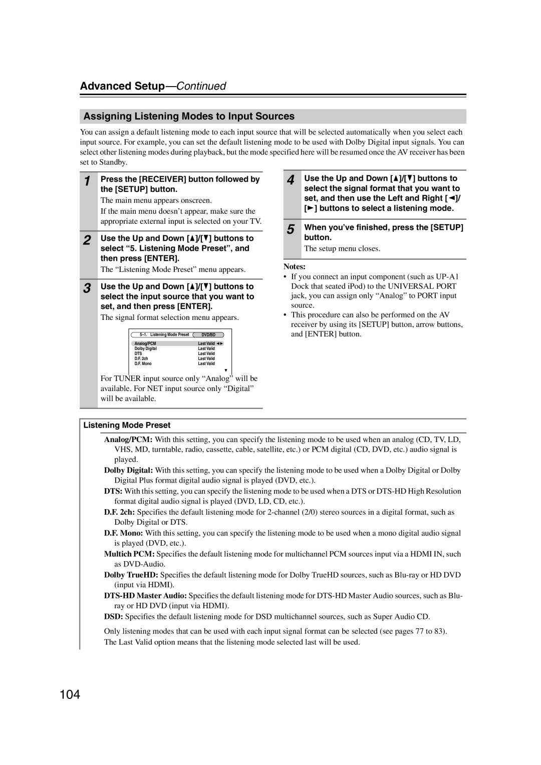 Onkyo TX-NR1007 instruction manual 104, Assigning Listening Modes to Input Sources 