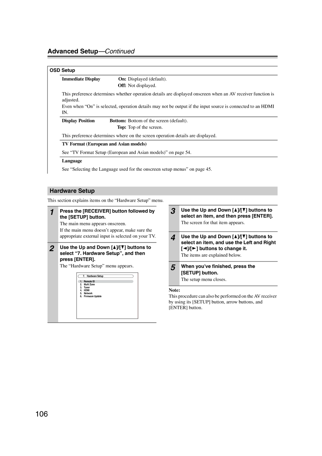 Onkyo TX-NR1007 instruction manual 106, Hardware Setup, OSD Setup 