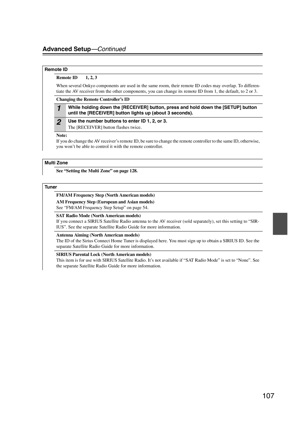 Onkyo TX-NR1007 instruction manual 107, Remote ID, Until the Receiver button lights up about 3 seconds, Tuner 