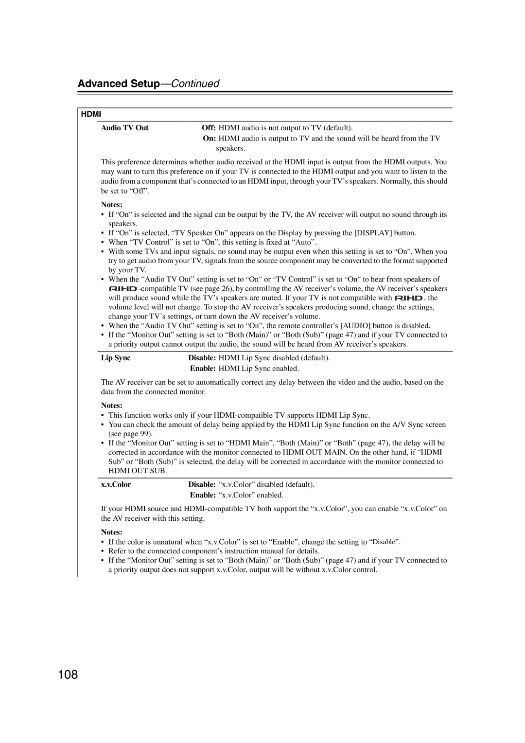 Onkyo TX-NR1007 instruction manual 108, Audio TV Out Off Hdmi audio is not output to TV default, Speakers, Lip Sync 