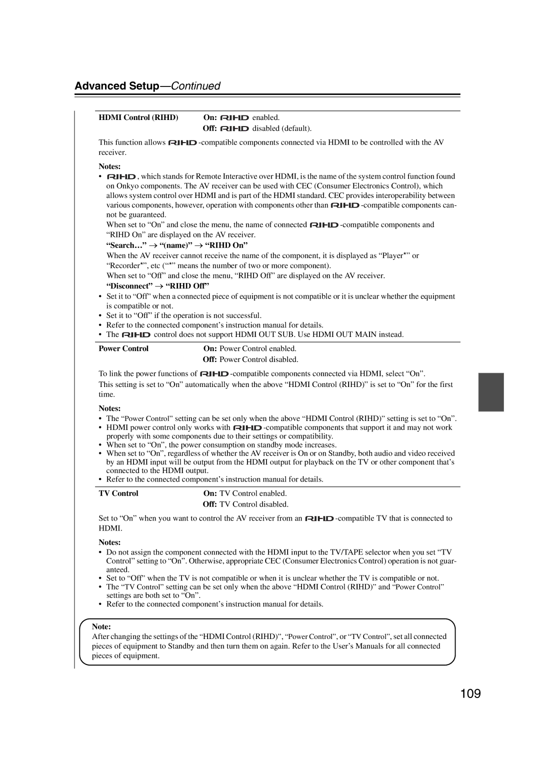 Onkyo TX-NR1007 109, Hdmi Control Rihd Enabled, Disabled default, TV Control On TV Control enabled Off TV Control disabled 