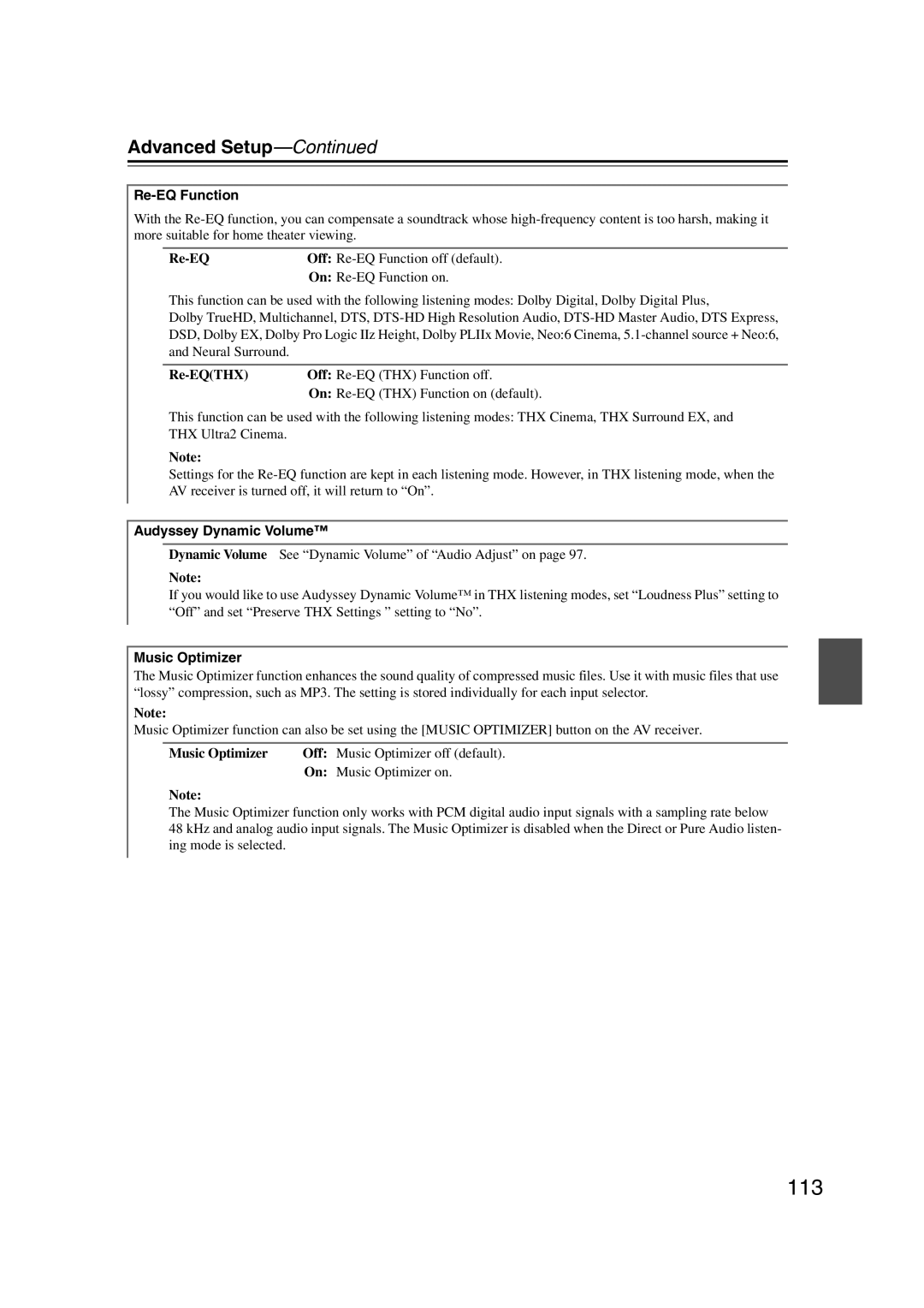 Onkyo TX-NR1007 instruction manual 113, Re-EQ Function, Audyssey Dynamic Volume, Music Optimizer 