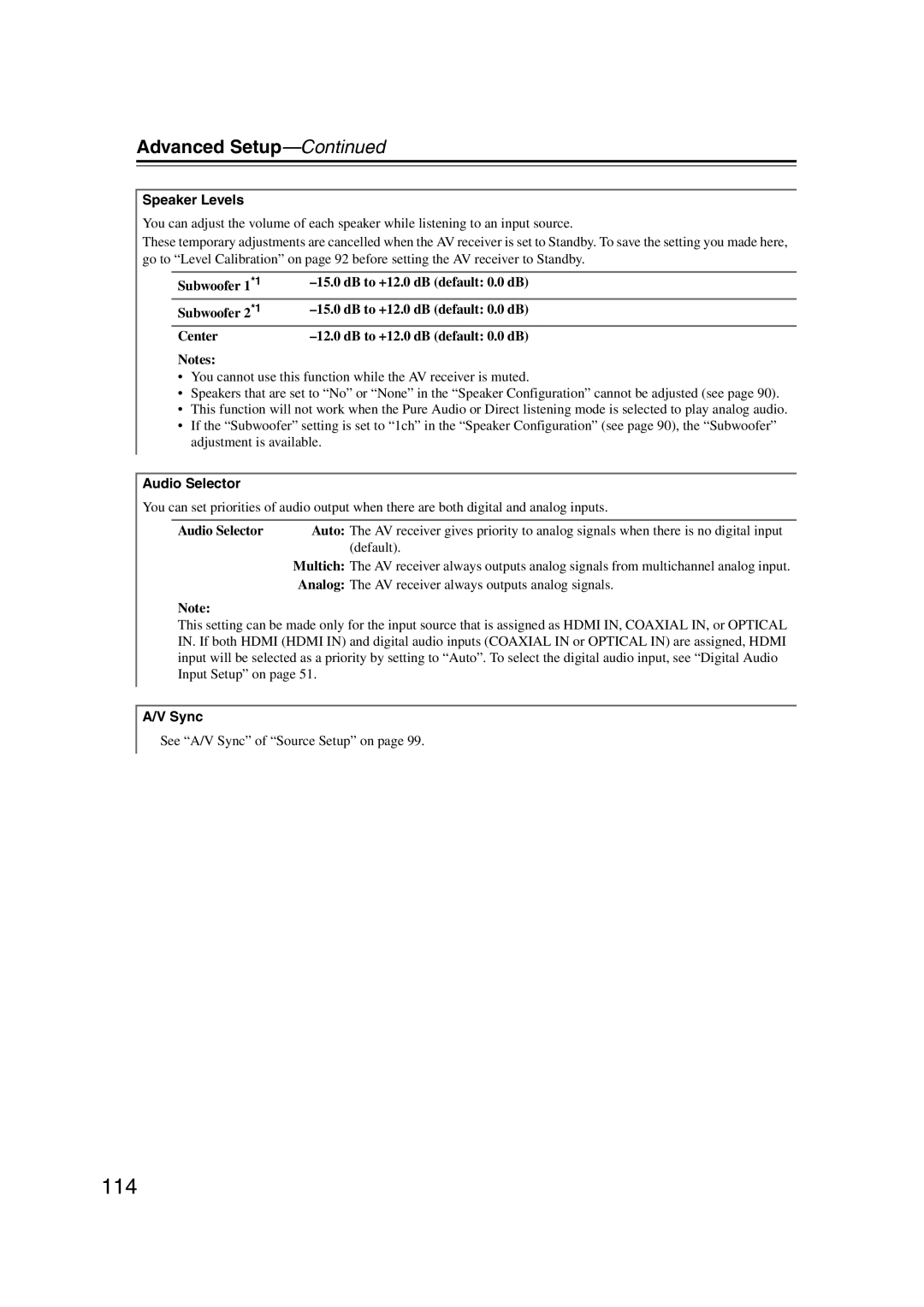 Onkyo TX-NR1007 instruction manual 114, Speaker Levels, Audio Selector 