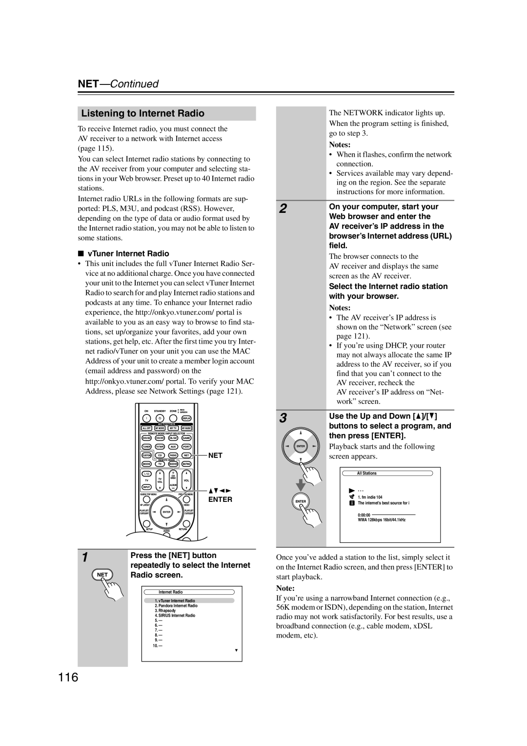 Onkyo TX-NR1007 instruction manual 116, Listening to Internet Radio 