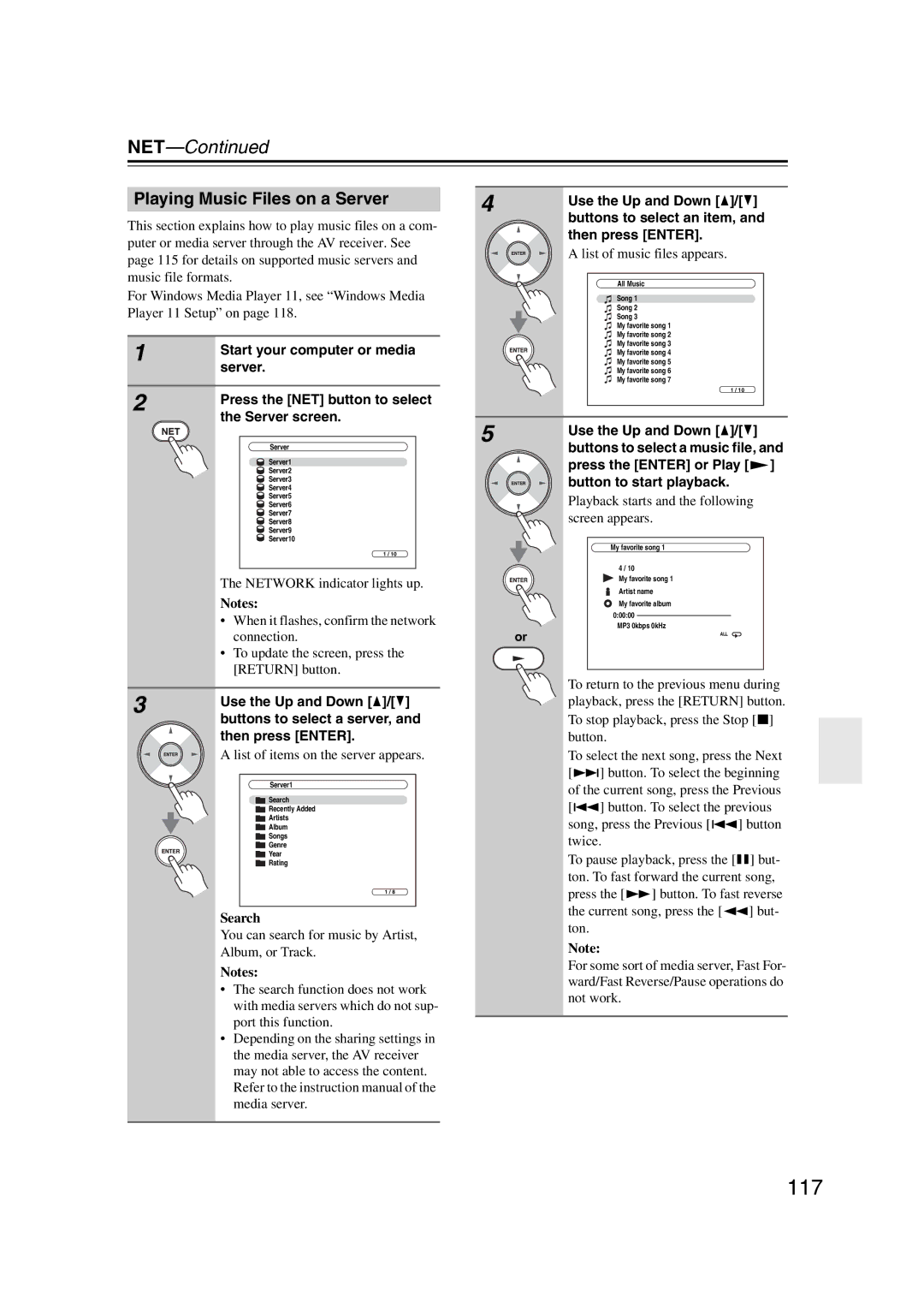 Onkyo TX-NR1007 instruction manual 117, Playing Music Files on a Server 