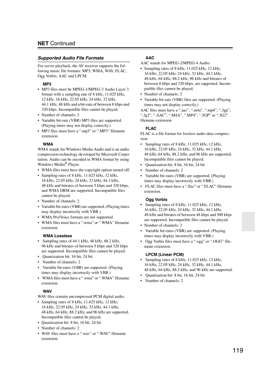 Onkyo TX-NR1007 instruction manual 119, Supported Audio File Formats 