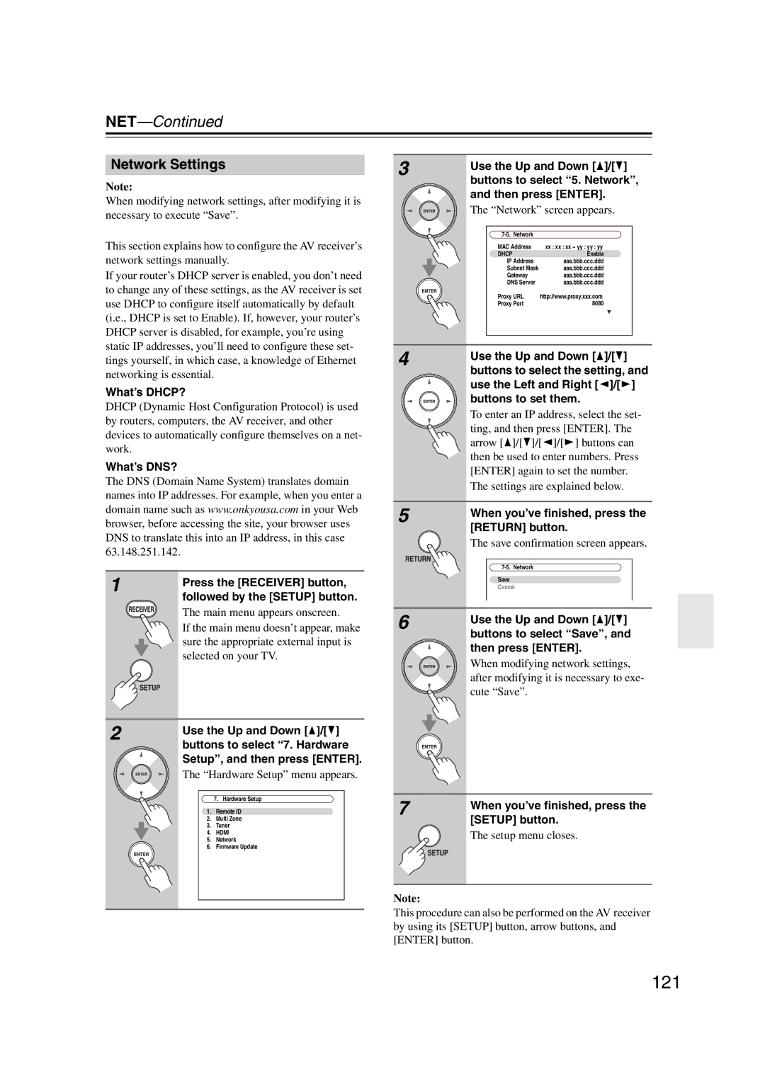 Onkyo TX-NR1007 instruction manual 121, Network Settings, What’s DHCP?, Buttons to select Save 