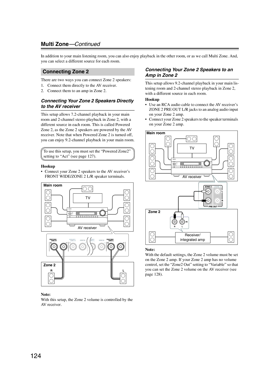 Onkyo TX-NR1007 124, Multi Zone, Connecting Zone, Connecting Your Zone 2 Speakers Directly to the AV receiver 